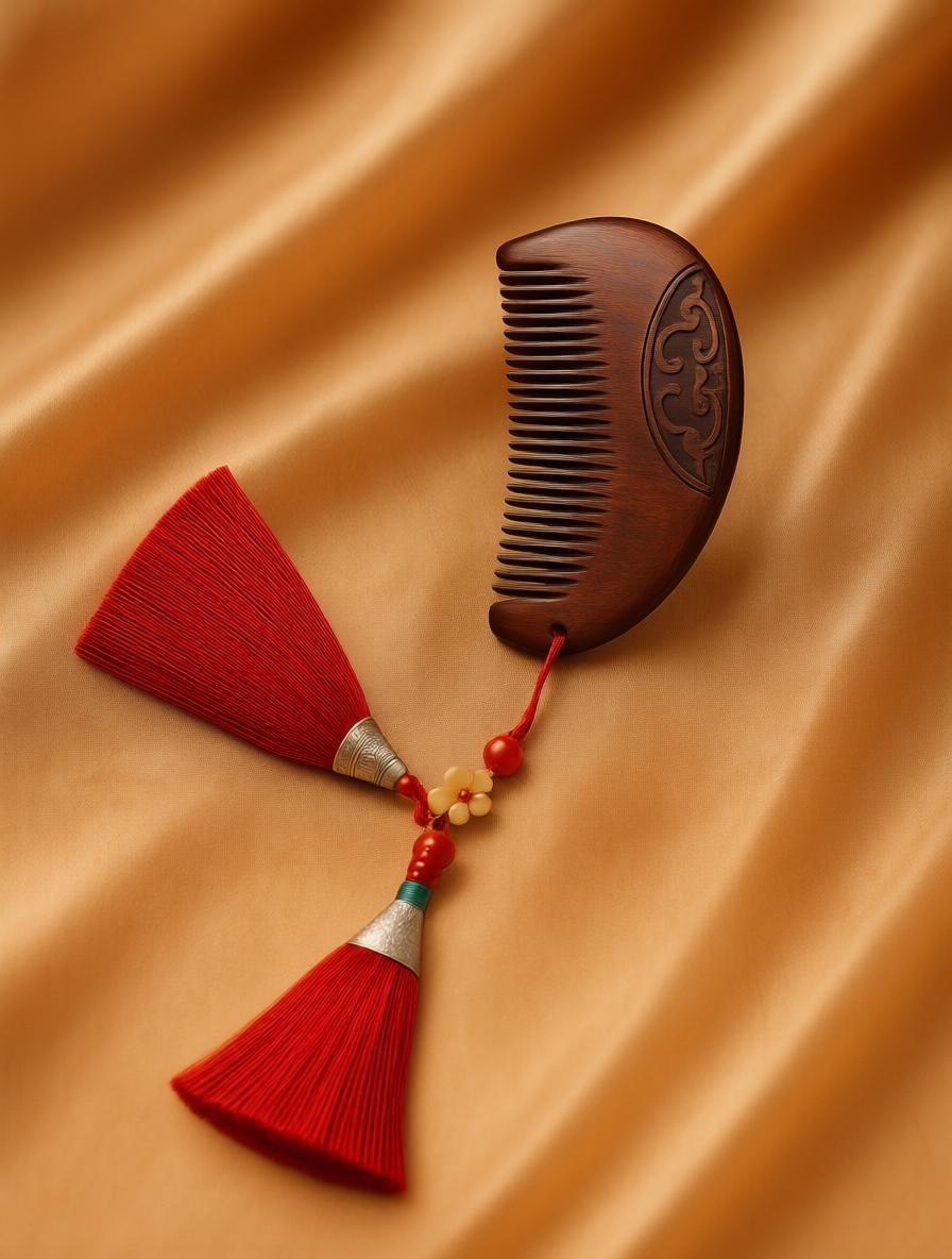 Wooden comb with decorative red tassel on a brown fabric background