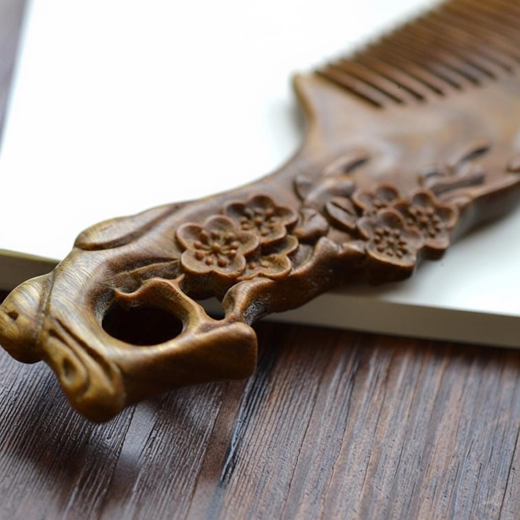 Wooden comb with floral carvings on a wooden surface