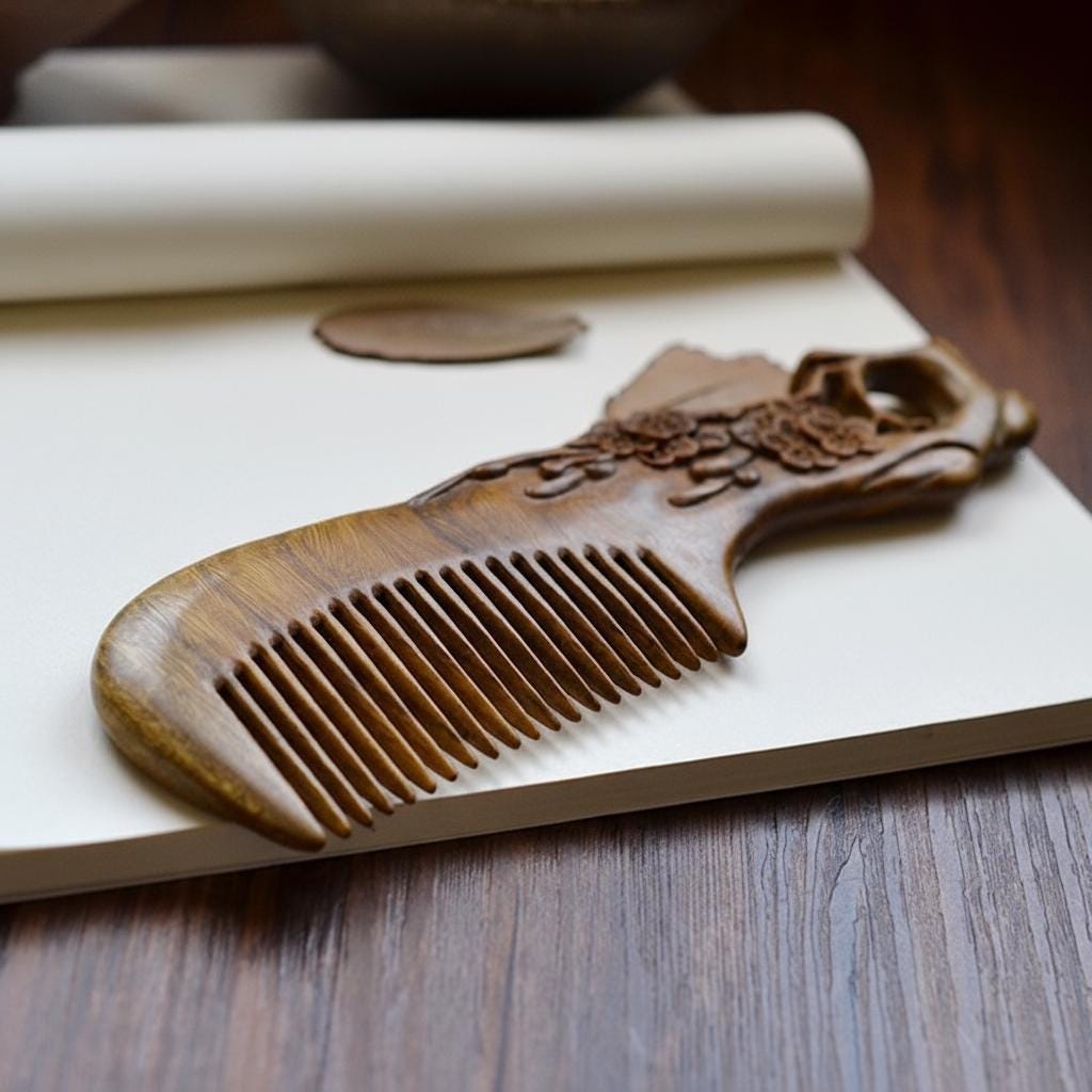 Wooden comb with intricate carvings on a wooden surface