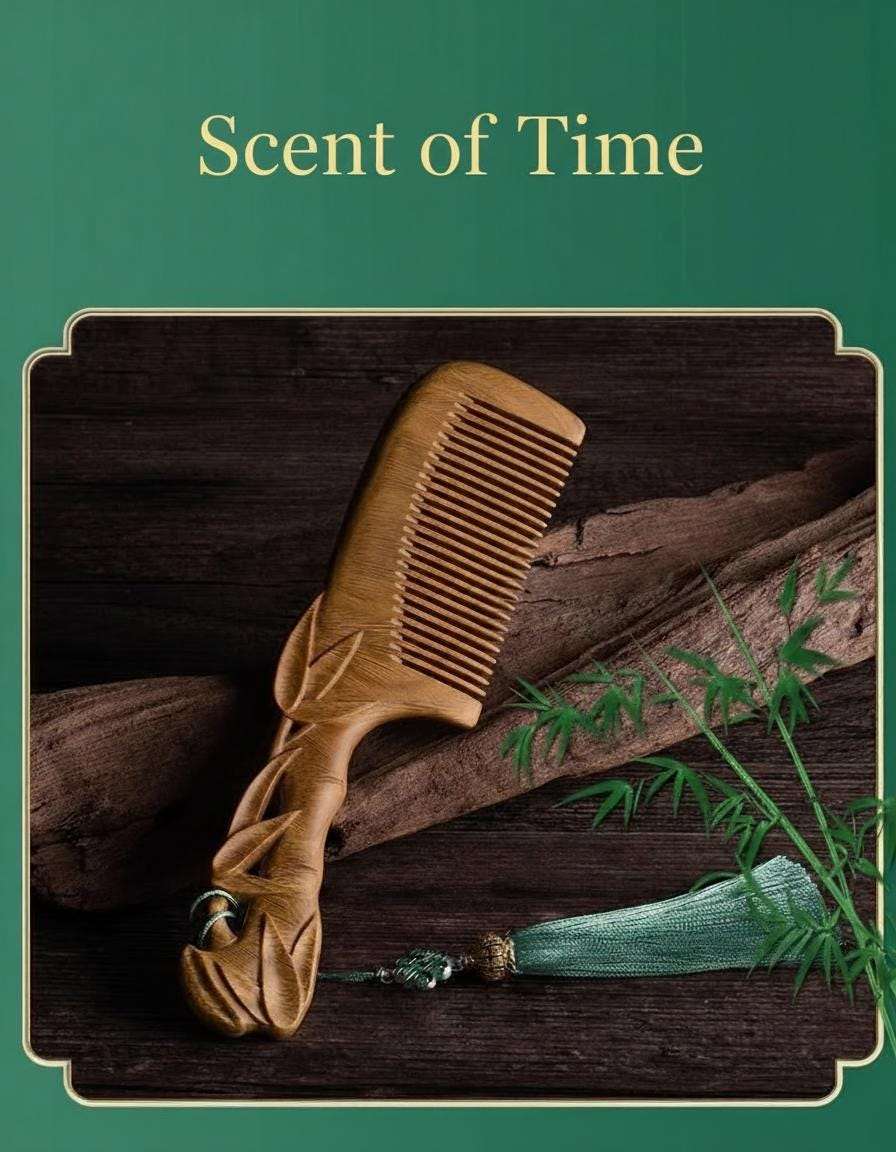 Wooden comb with bamboo leaves on a wooden surface with 'Scent of Time' text.