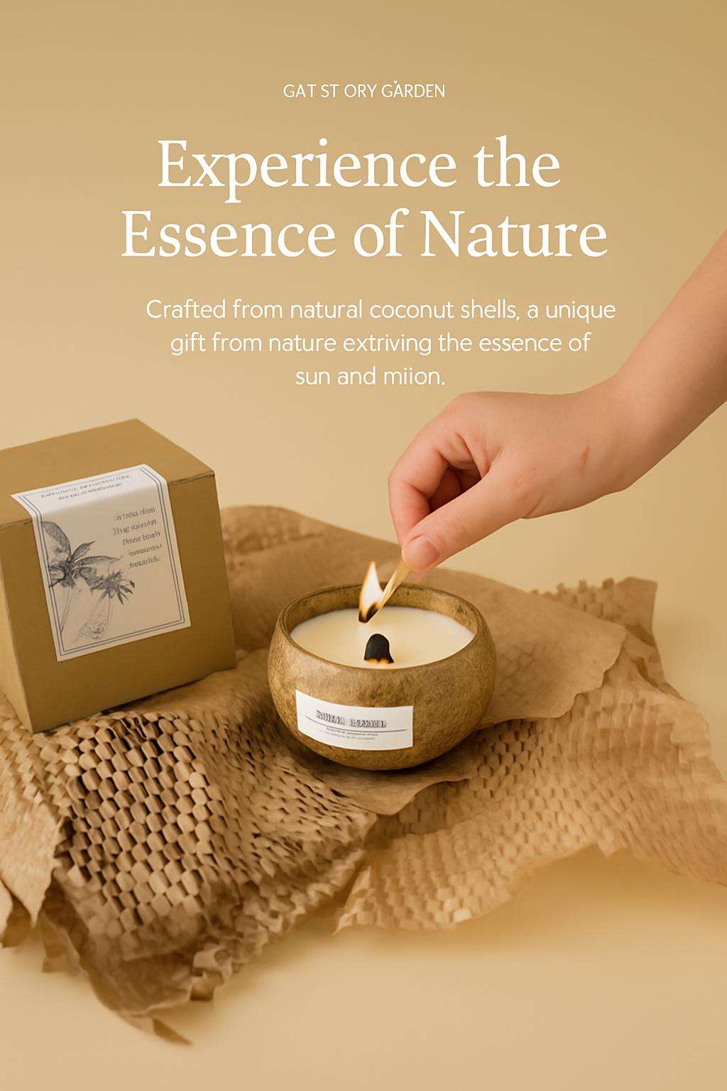 Candle being lit with a hand, next to a box labeled 'GAT ST. ORY GARDEN', on a beige background.