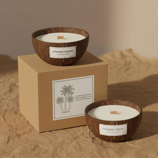 Coconut shell candles with 'Strange Forest' branding on a brown surface.