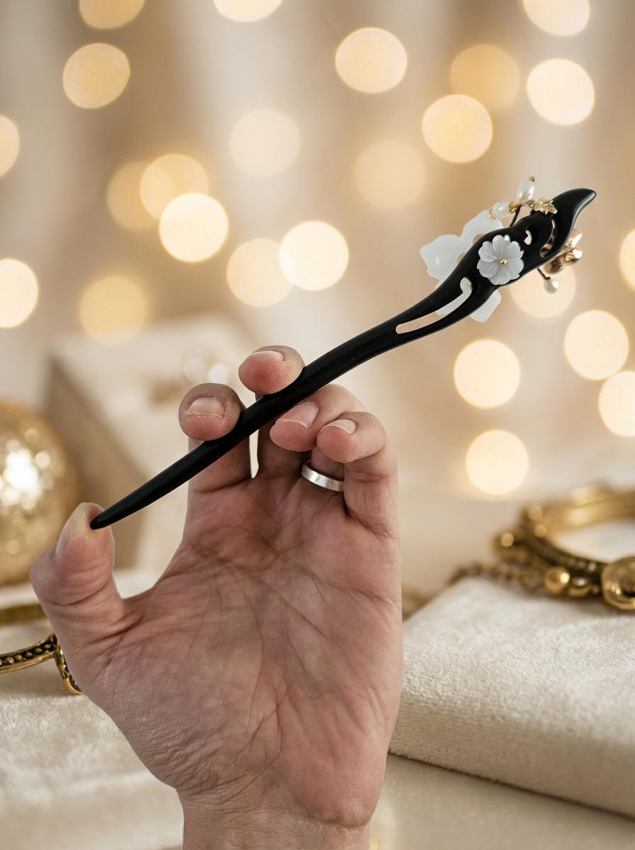 Hand holding a decorative hairpin against a softly blurred background with lights