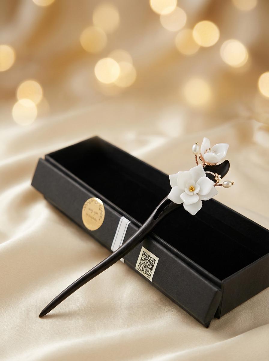 Decorative hair stick with floral design in a black box on a beige fabric background