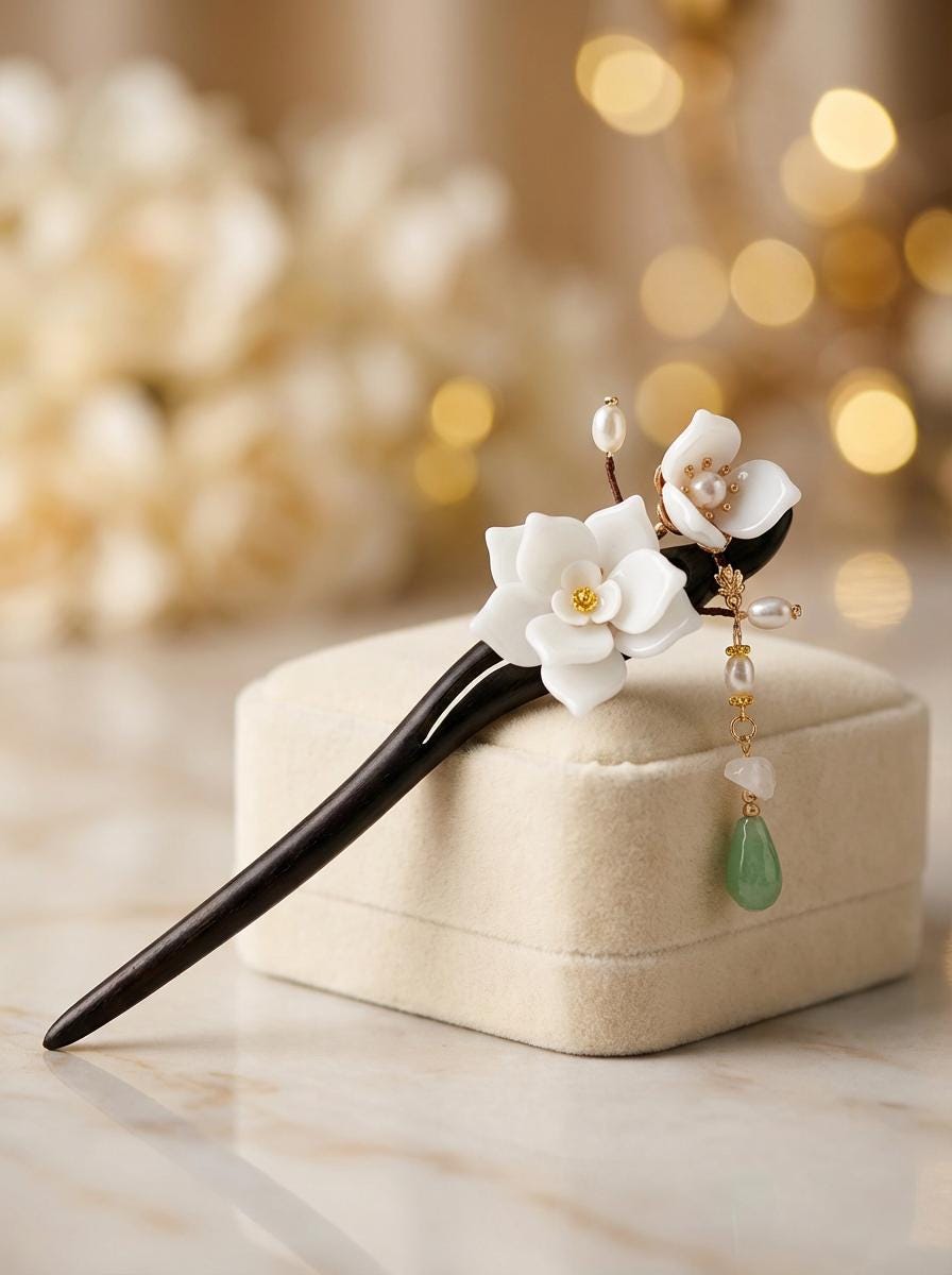 Decorative hairpin with flowers and a green pendant on a jewelry box with a blurred background