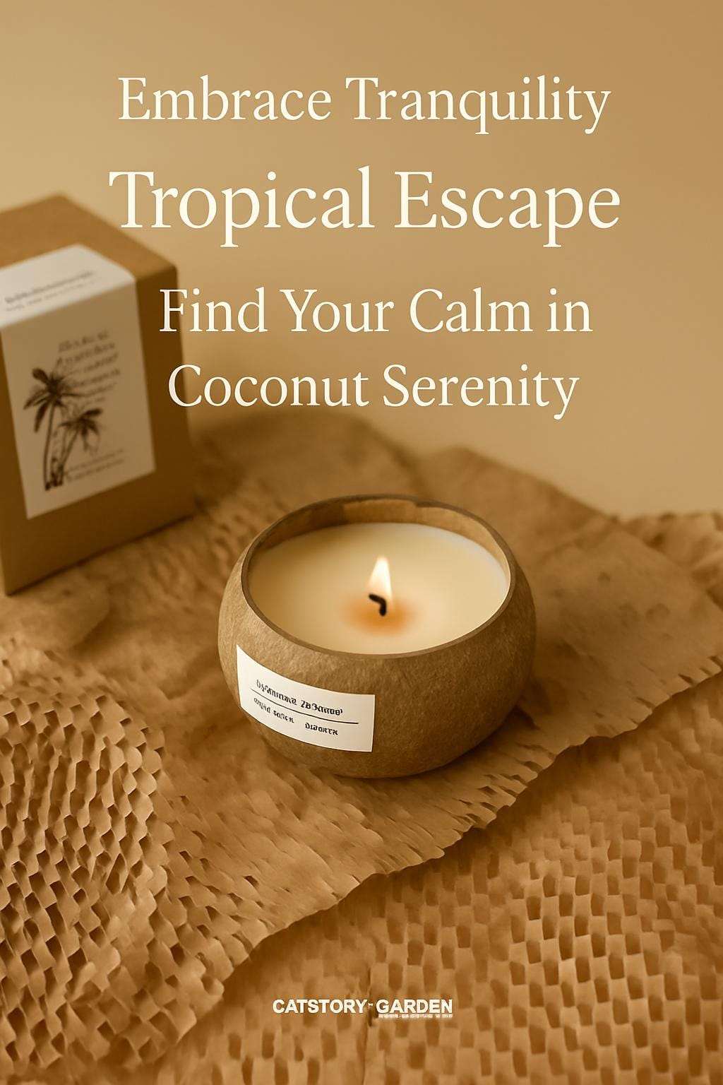 Candle in a coconut shell with text promoting tranquility and calmness on a textured surface.