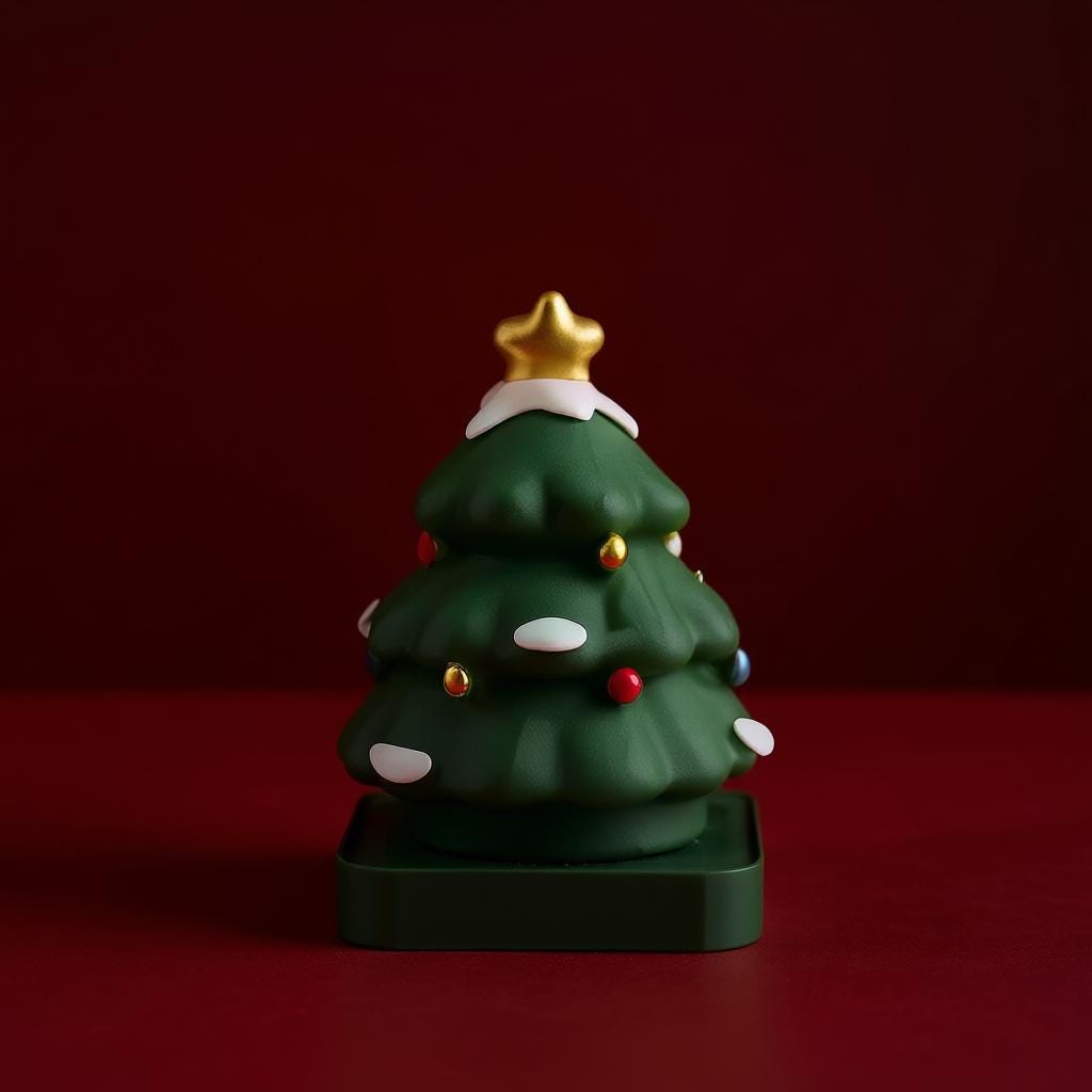 Christmas tree-shaped decorative candle with lights and a star on a red background
