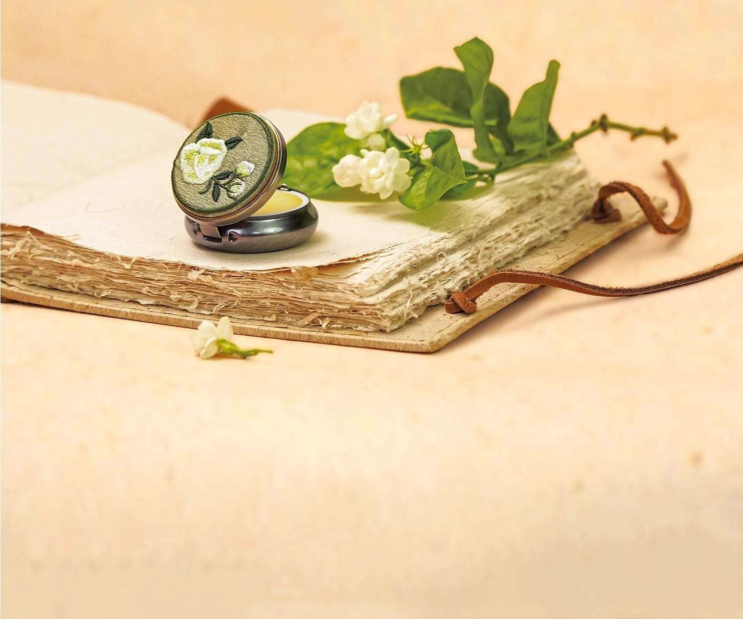 Solid Jasmine Perfume Balm, Vintage Embroidered Compact, Sandalwood Amber Scent Gift For Mom