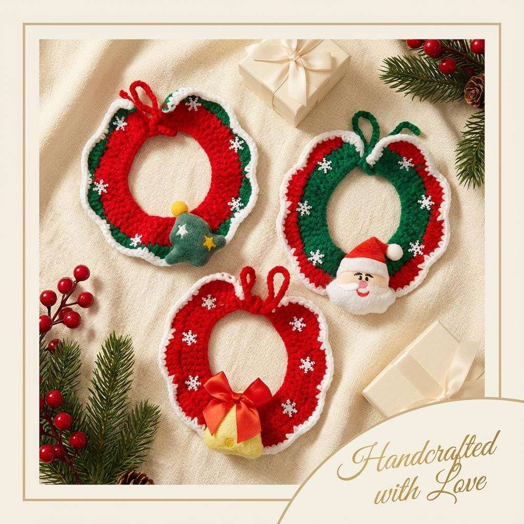Handmade Crochet Christmas Pet Collar, Cat Wreath, Santa Reindeer cat Scarf