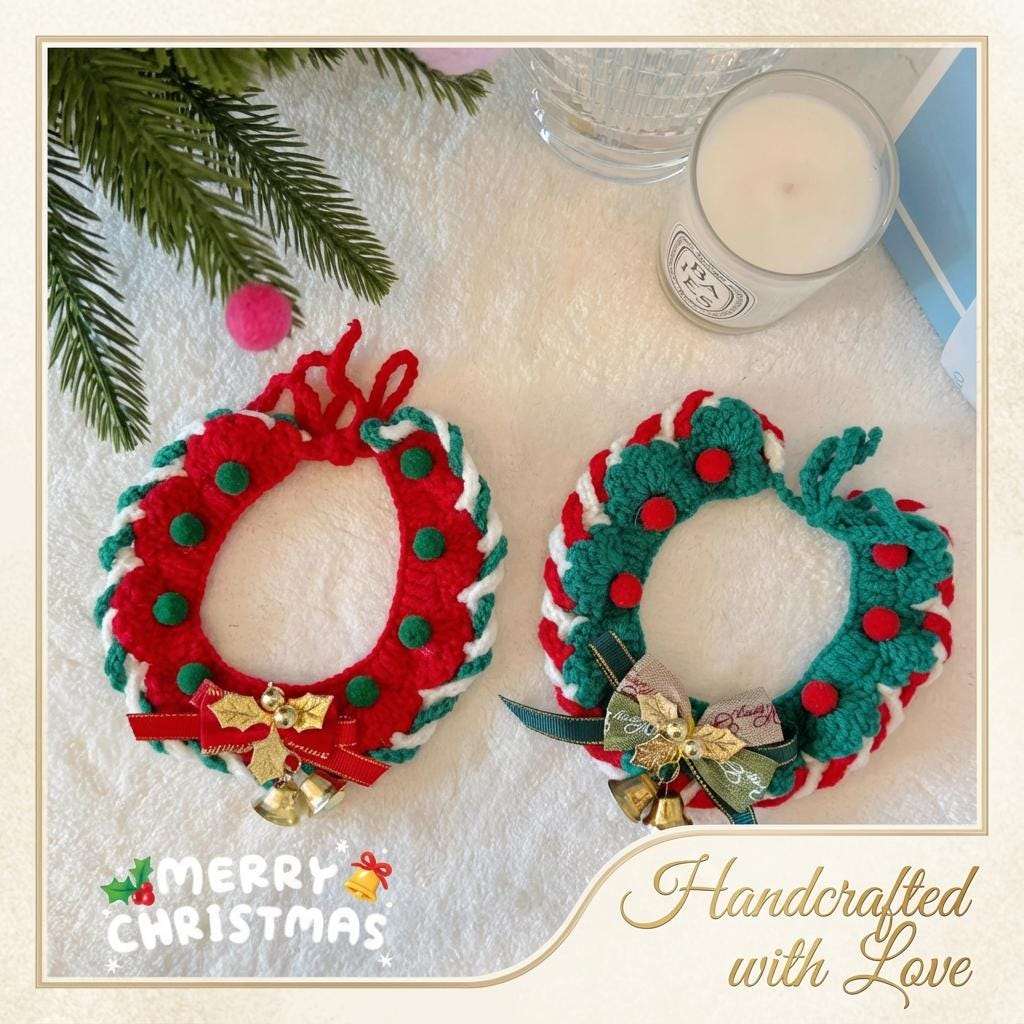 Handmade Crochet Christmas Pet Collar, Cat Wreath, Santa Reindeer cat Scarf