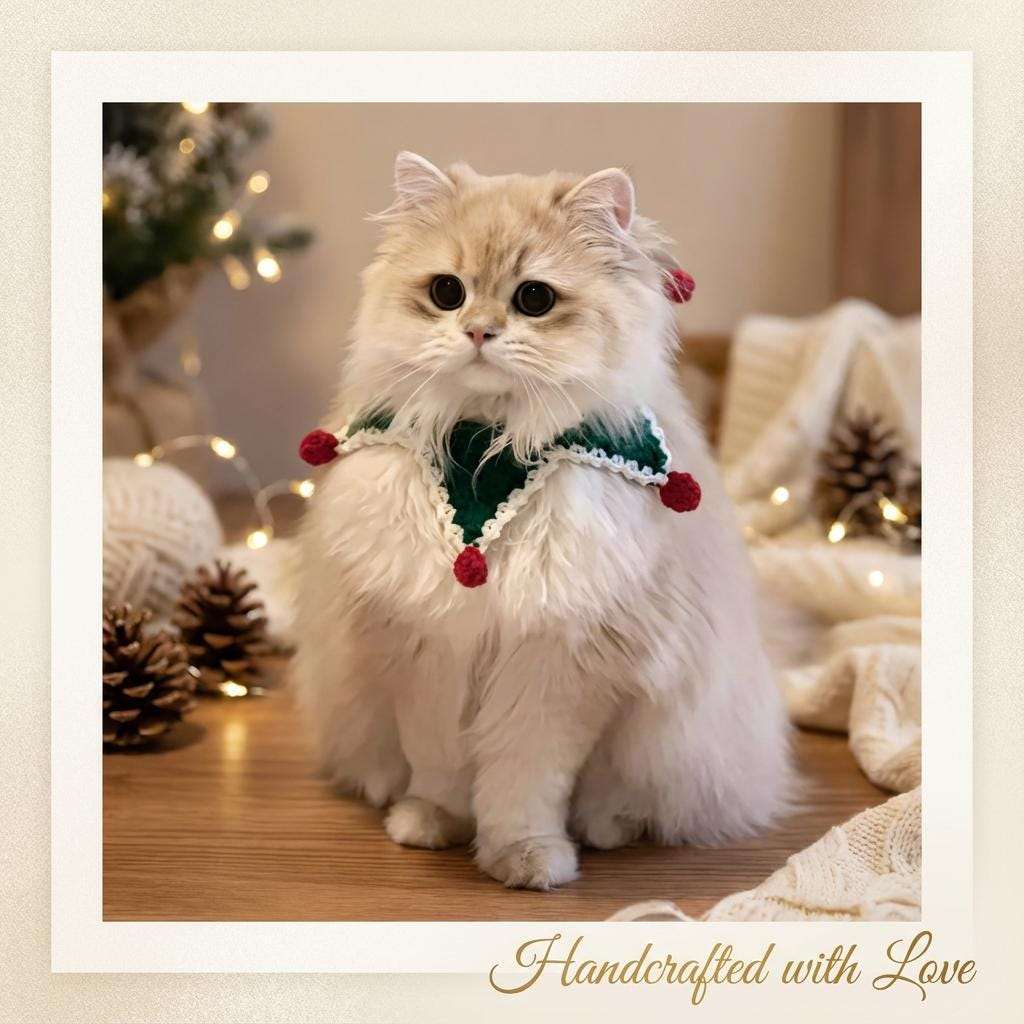 Handmade Crochet Christmas Pet Collar, Cat Wreath, Santa Reindeer cat Scarf