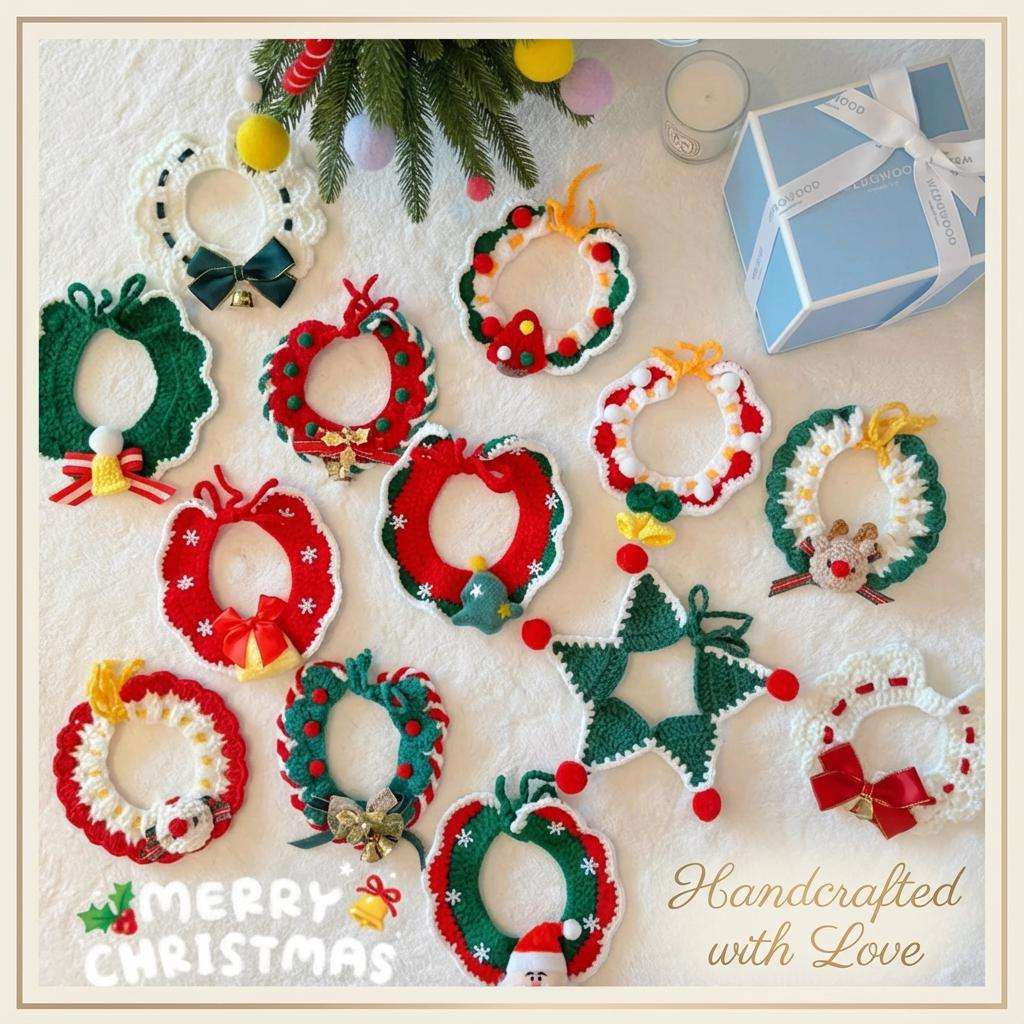 Handmade Crochet Christmas Pet Collar, Cat Wreath, Santa Reindeer cat Scarf