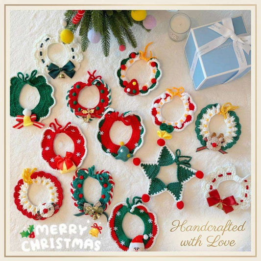 Handmade Crochet Christmas Pet Collar, Cat Wreath, Santa Reindeer cat Scarf