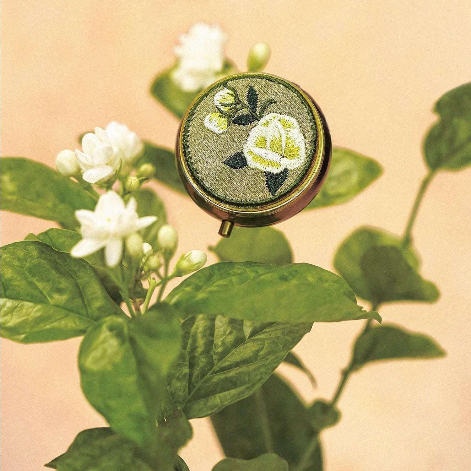 Solid Jasmine Perfume Balm, Vintage Embroidered Compact, Sandalwood Amber Scent Gift For Mom