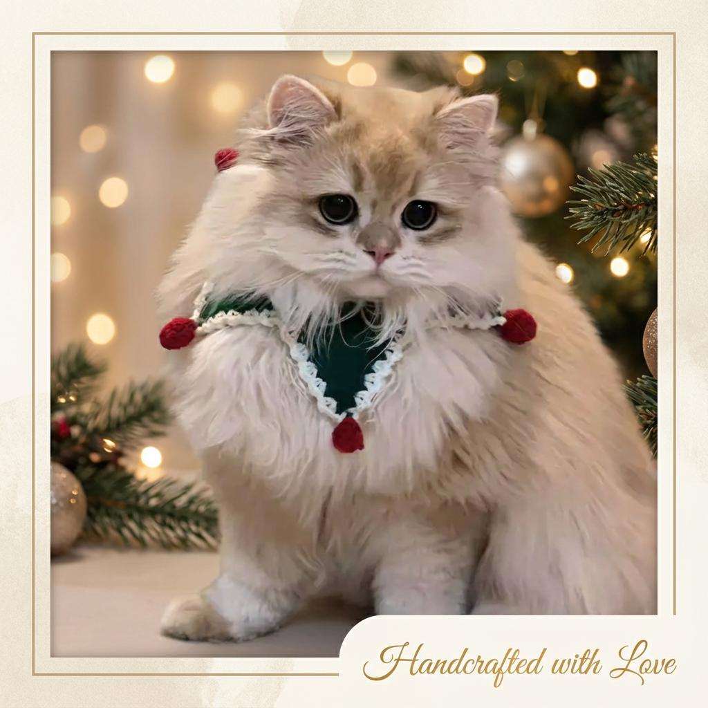 Handmade Crochet Christmas Pet Collar, Cat Wreath, Santa Reindeer cat Scarf
