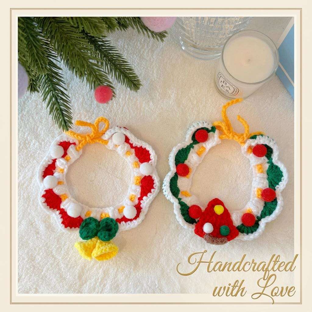 Handmade Crochet Christmas Pet Collar, Cat Wreath, Santa Reindeer cat Scarf