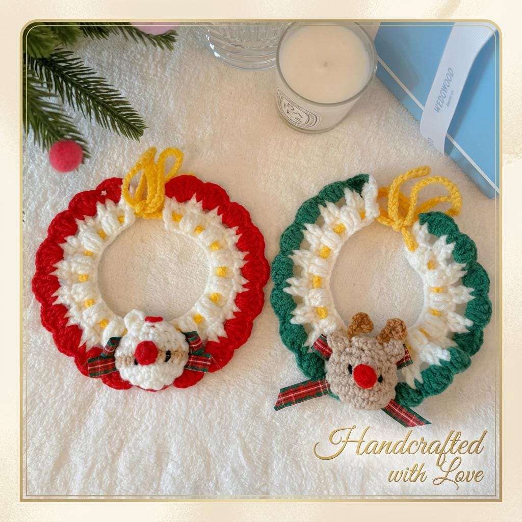 Handmade Crochet Christmas Pet Collar, Cat Wreath, Santa Reindeer cat Scarf