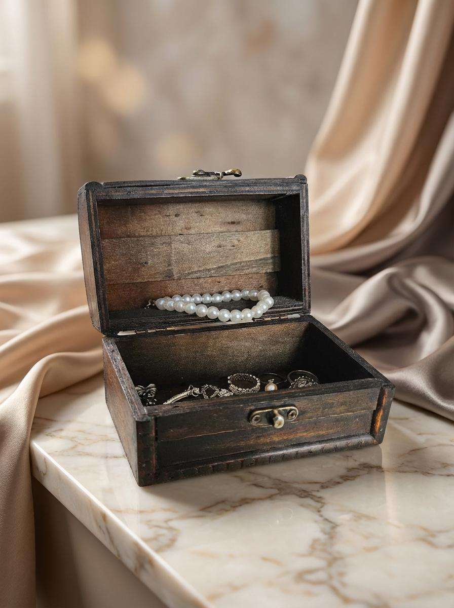 Vintage Wooden Treasure Chest Jewelry Box | Antique Keepsake Storage with Brass Hardware
