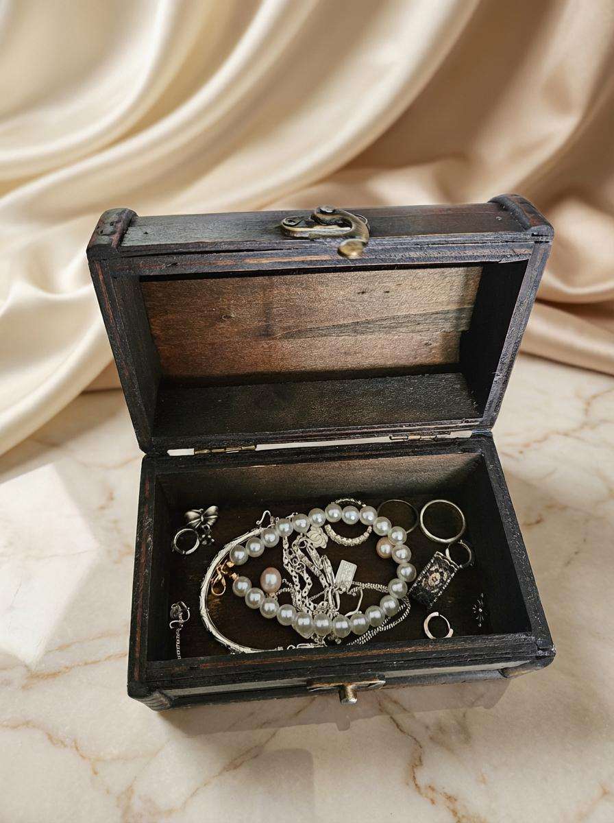 Vintage Wooden Treasure Chest Jewelry Box | Antique Keepsake Storage with Brass Hardware