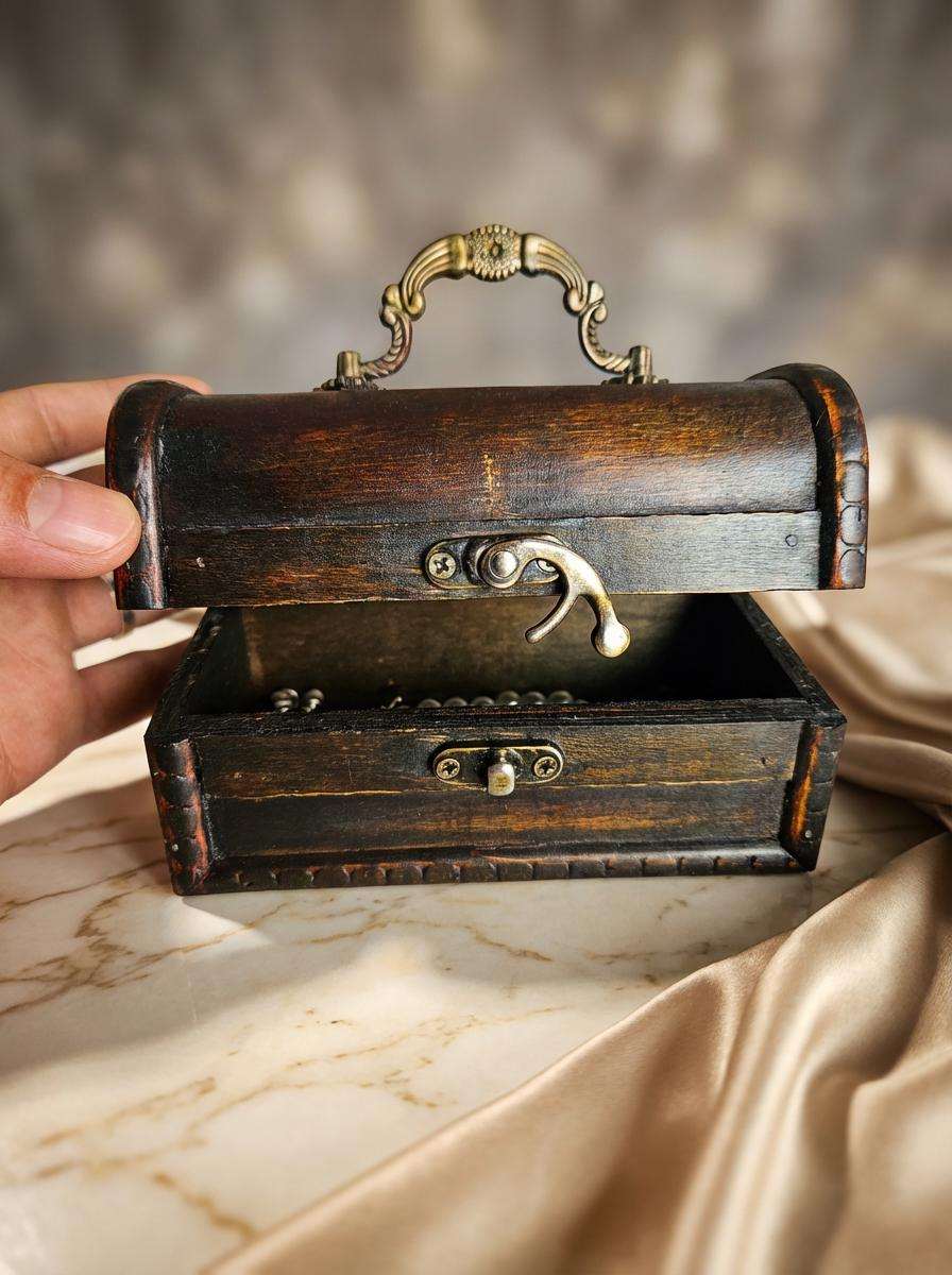 Vintage Wooden Treasure Chest Jewelry Box | Antique Keepsake Storage with Brass Hardware