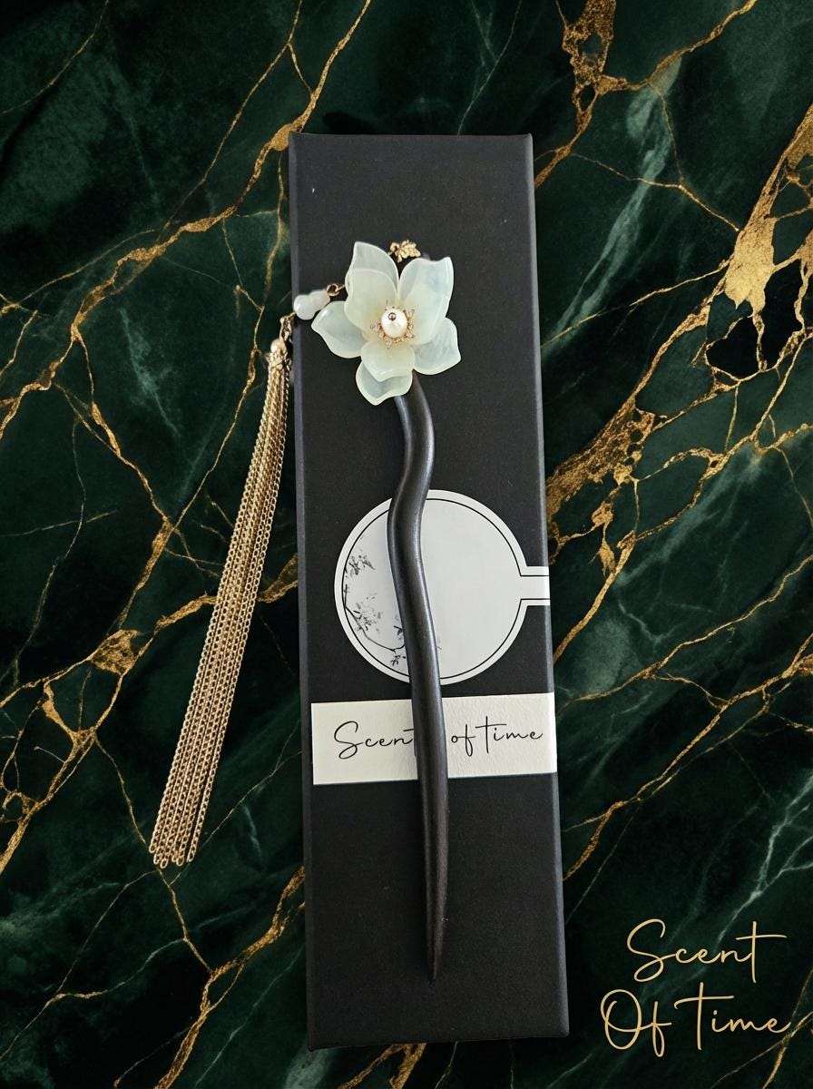 Ebony Wood Hair Pin with Jade Flower &amp; Gold Tassel - Hanfu Style - Gift for her