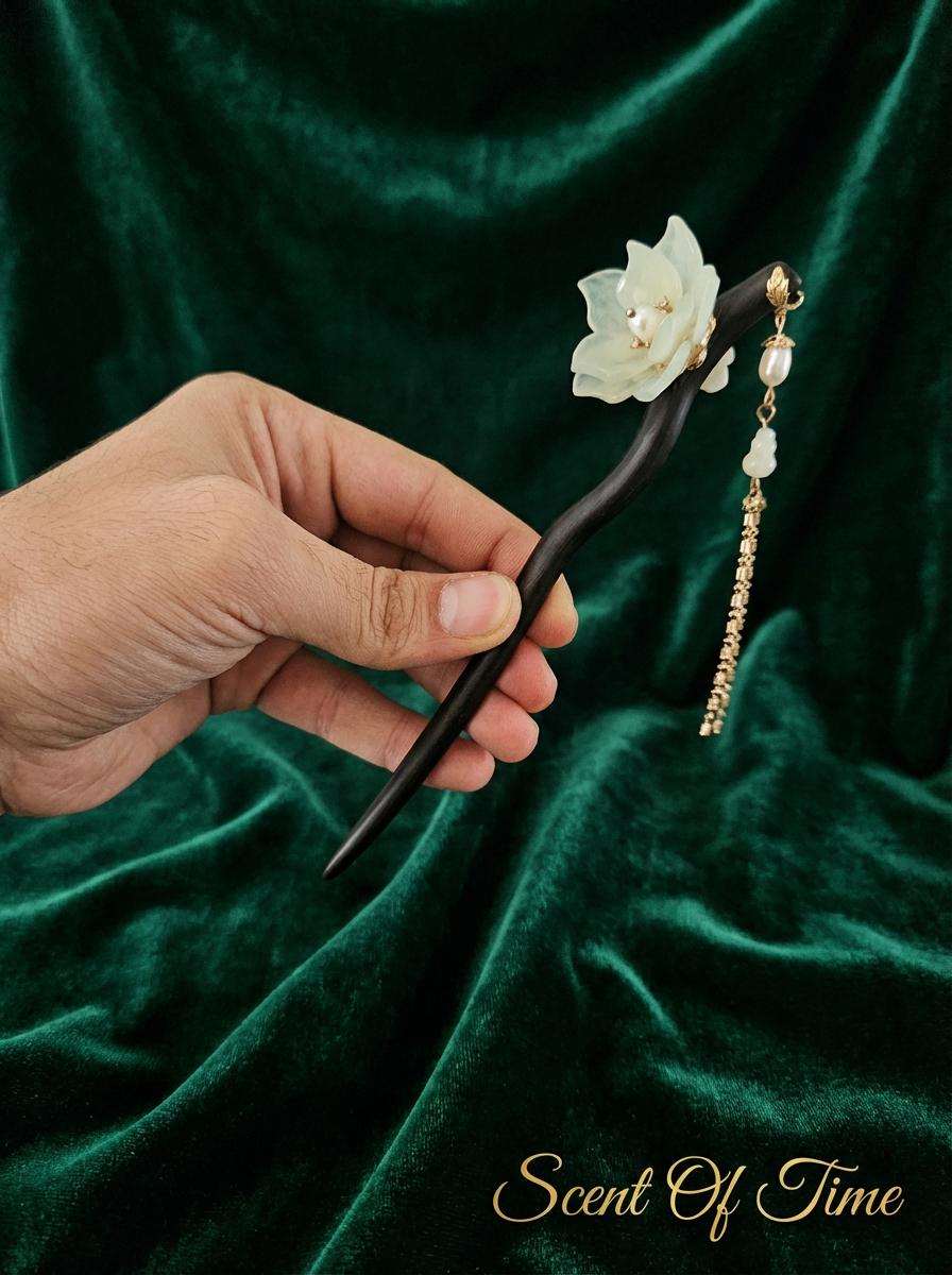 Ebony Wood Hair Pin with Jade Flower &amp; Gold Tassel - Hanfu Style - Gift for her