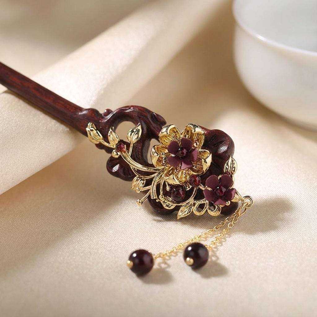 Wooden Hair Pin with Garnet Flowers - Burgundy Hairpin - Chinese Hair Accessory - Wedding HairStick