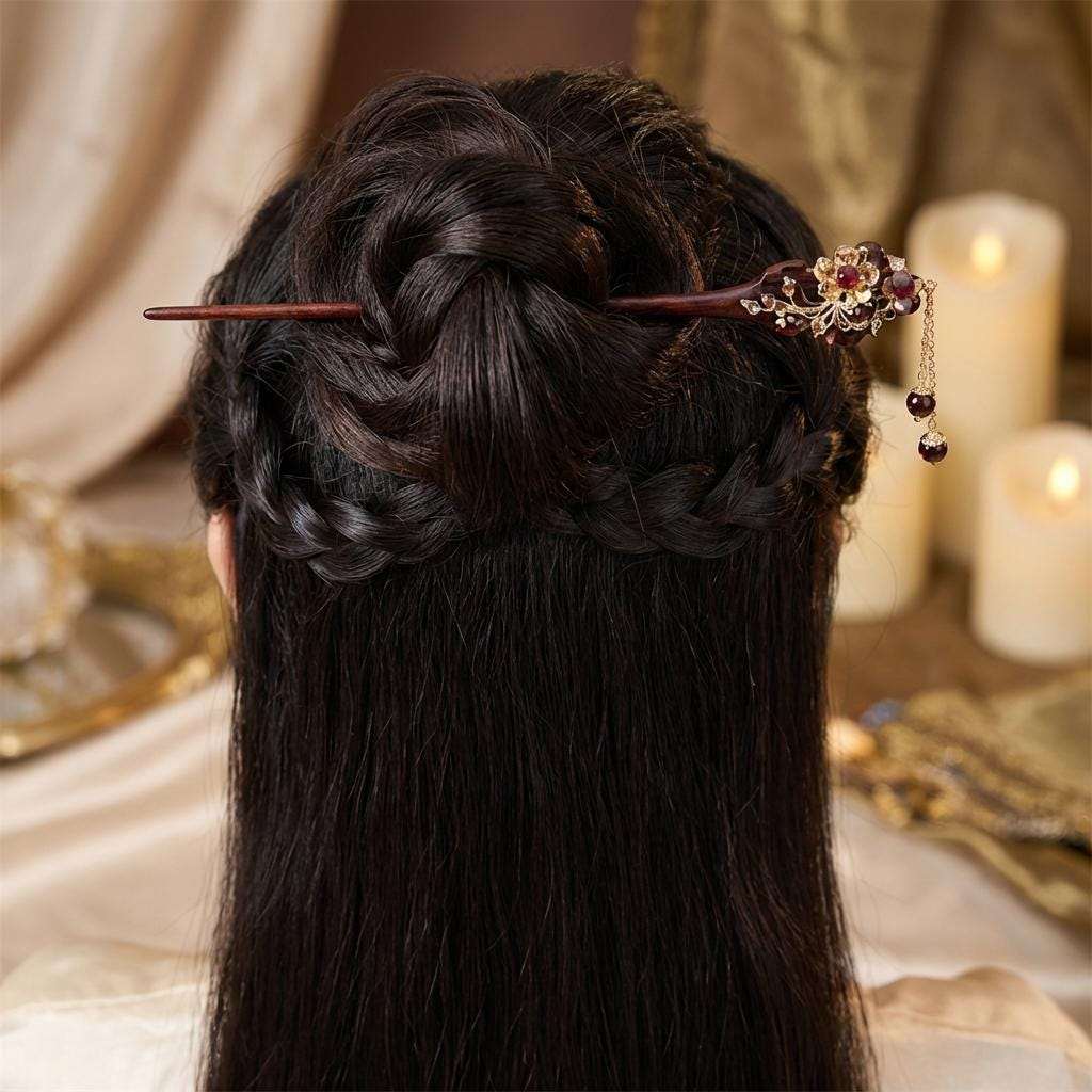Wooden Hair Pin with Garnet Flowers - Burgundy Hairpin - Chinese Hair Accessory - Wedding HairStick