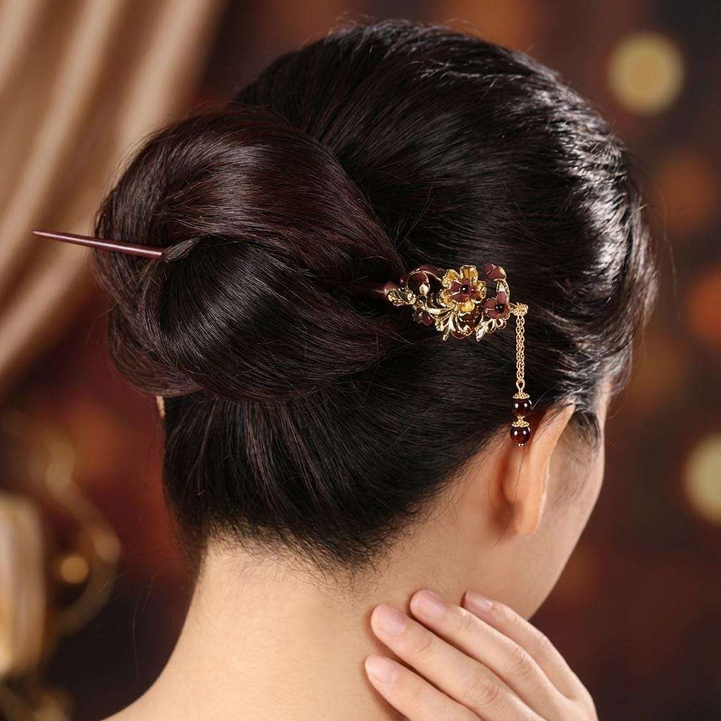 Wooden Hair Pin with Garnet Flowers - Burgundy Hairpin - Chinese Hair Accessory - Wedding HairStick