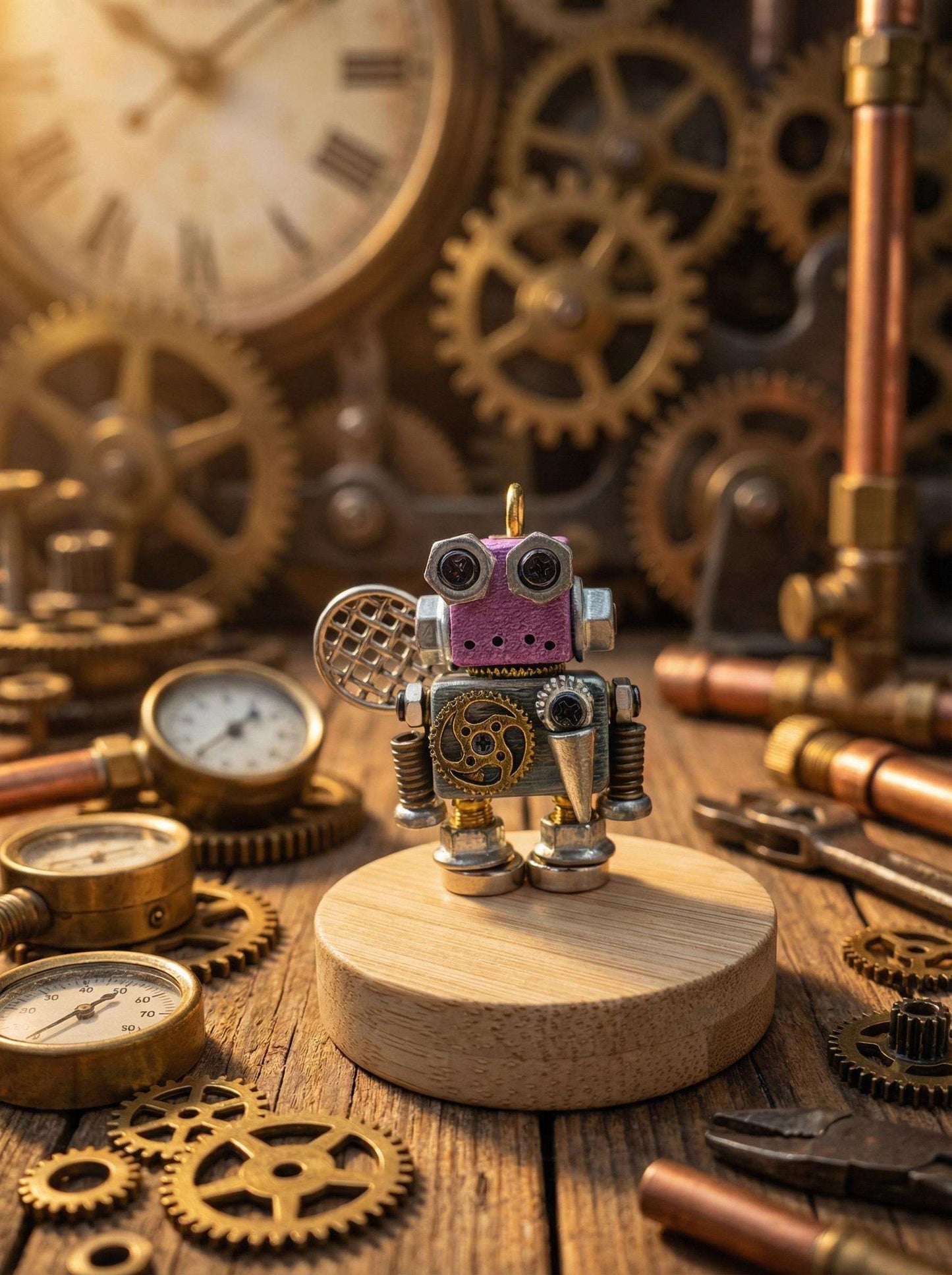 Handmade Steampunk Robot Figurine – Miniature Industrial Desk Art | Birthday Gift