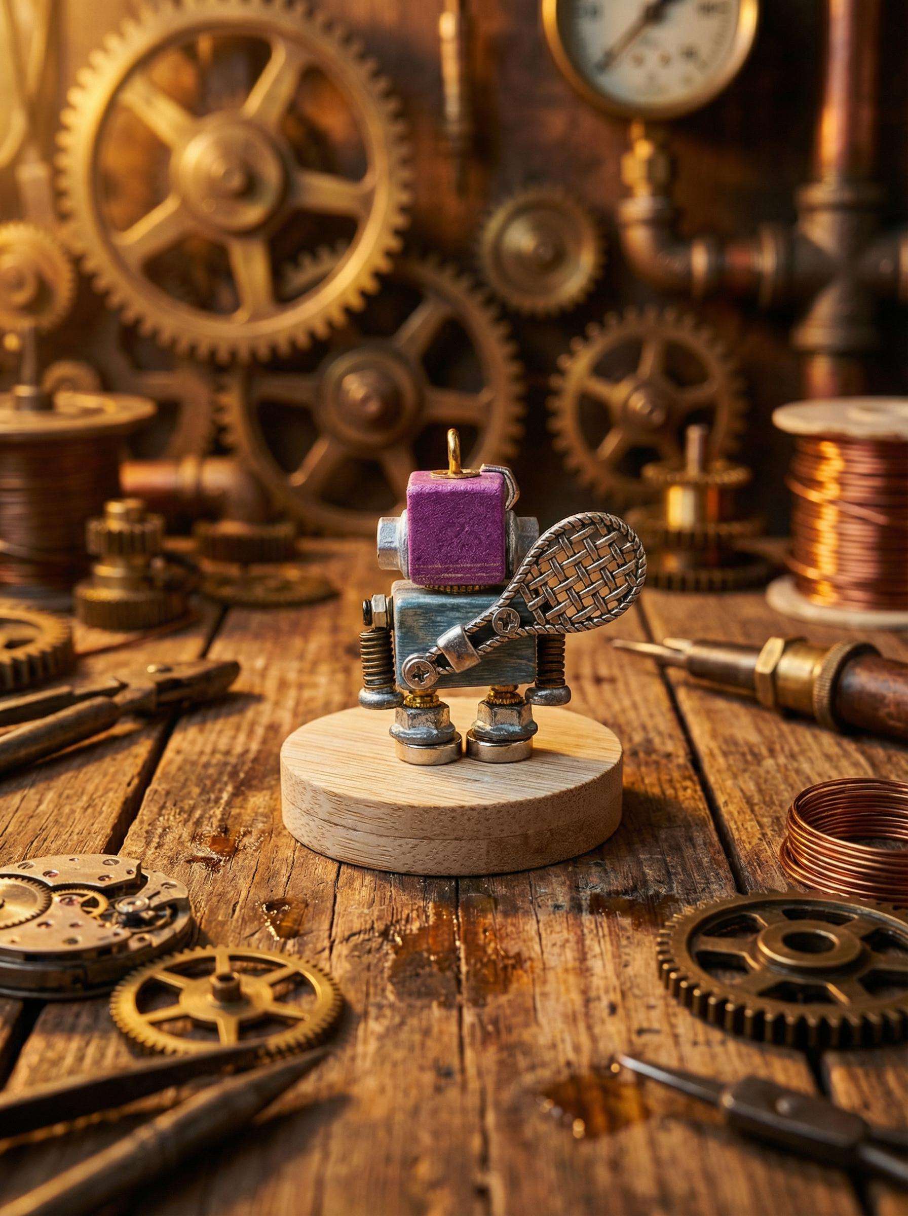 Handmade Steampunk Robot Figurine – Miniature Industrial Desk Art | Birthday Gift