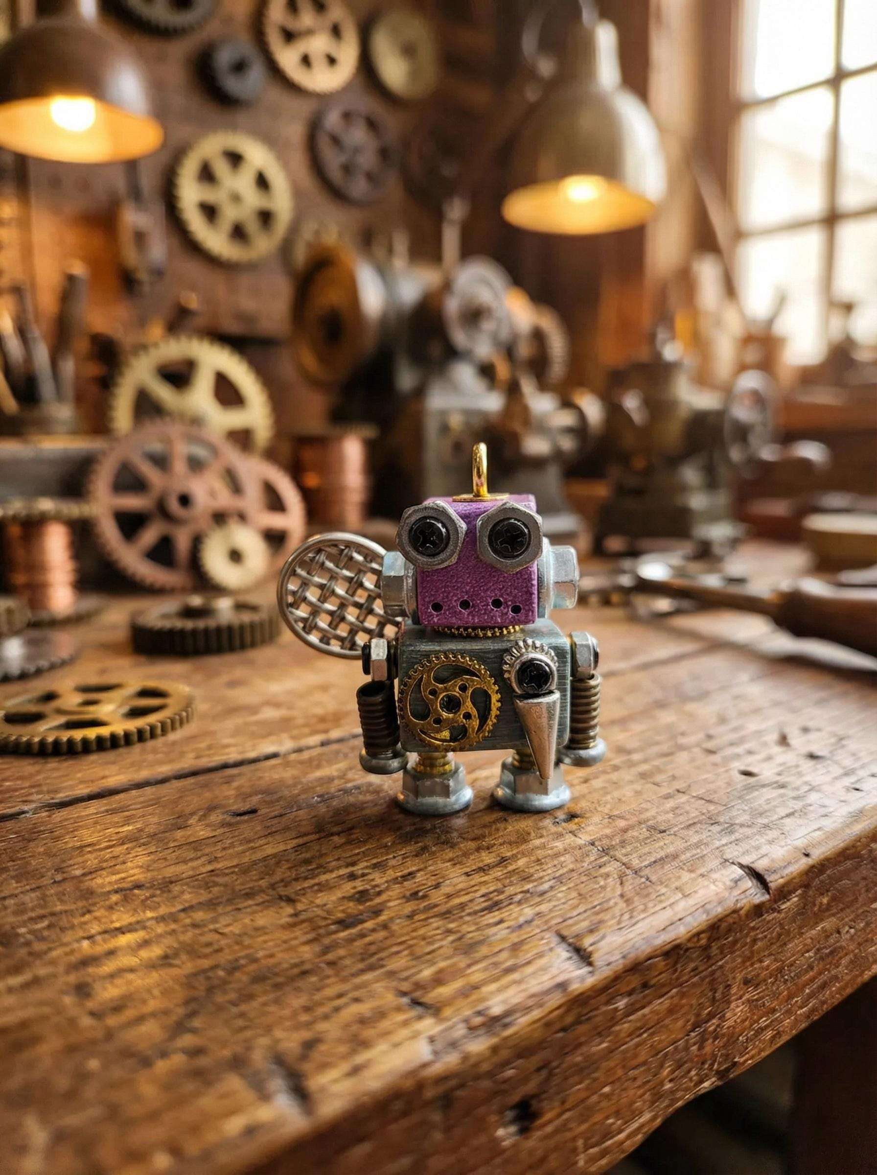 Handmade Steampunk Robot Figurine – Miniature Industrial Desk Art | Birthday Gift