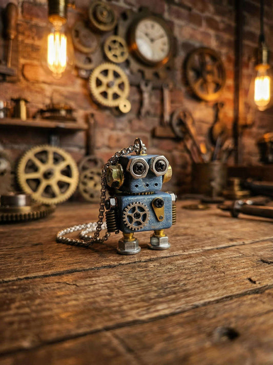 Handmade Steampunk Robot Necklace – Wood &amp; Metal Industrial Pendant