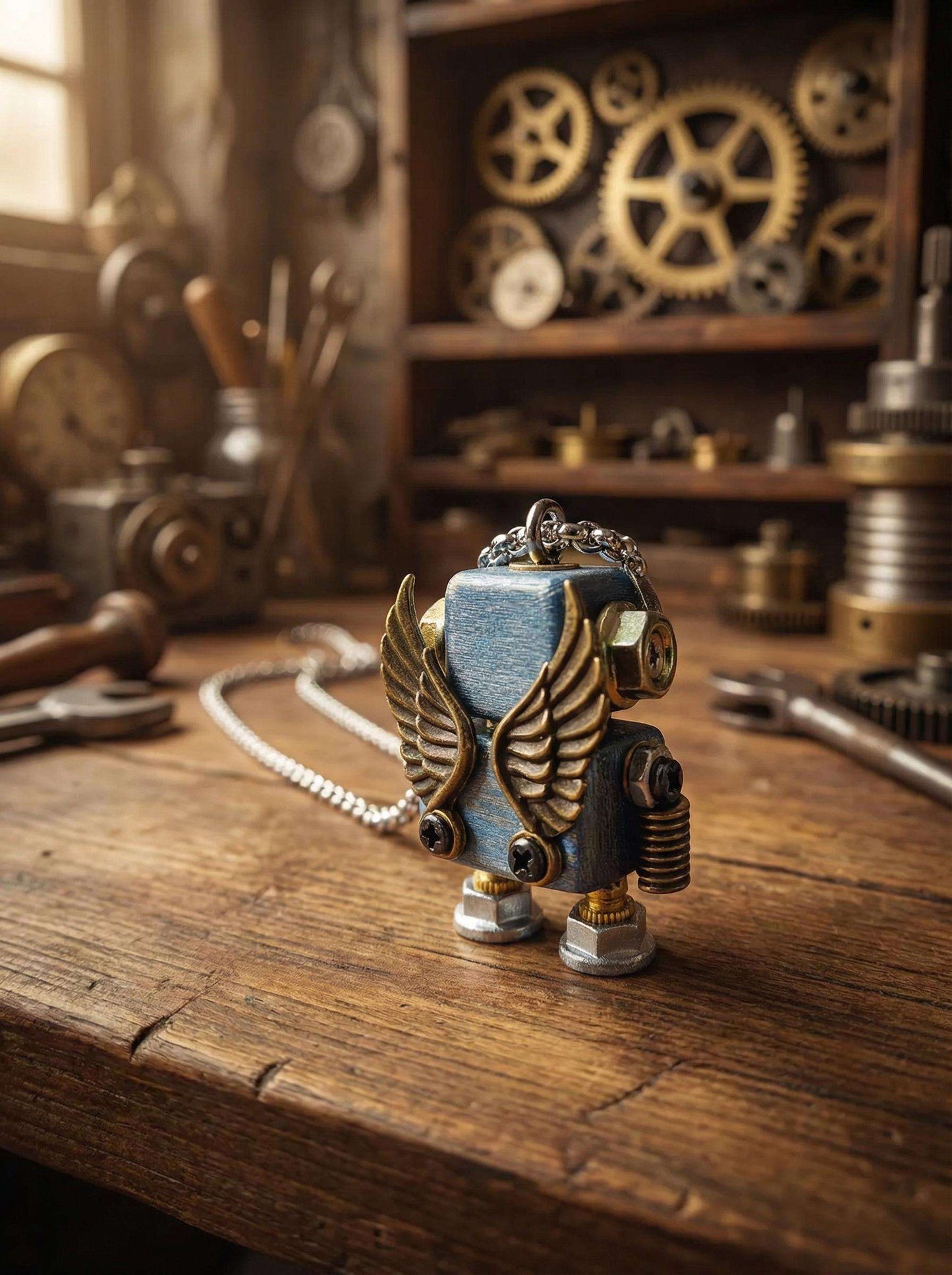 Handmade Steampunk Robot Necklace – Wood &amp; Metal Industrial Pendant