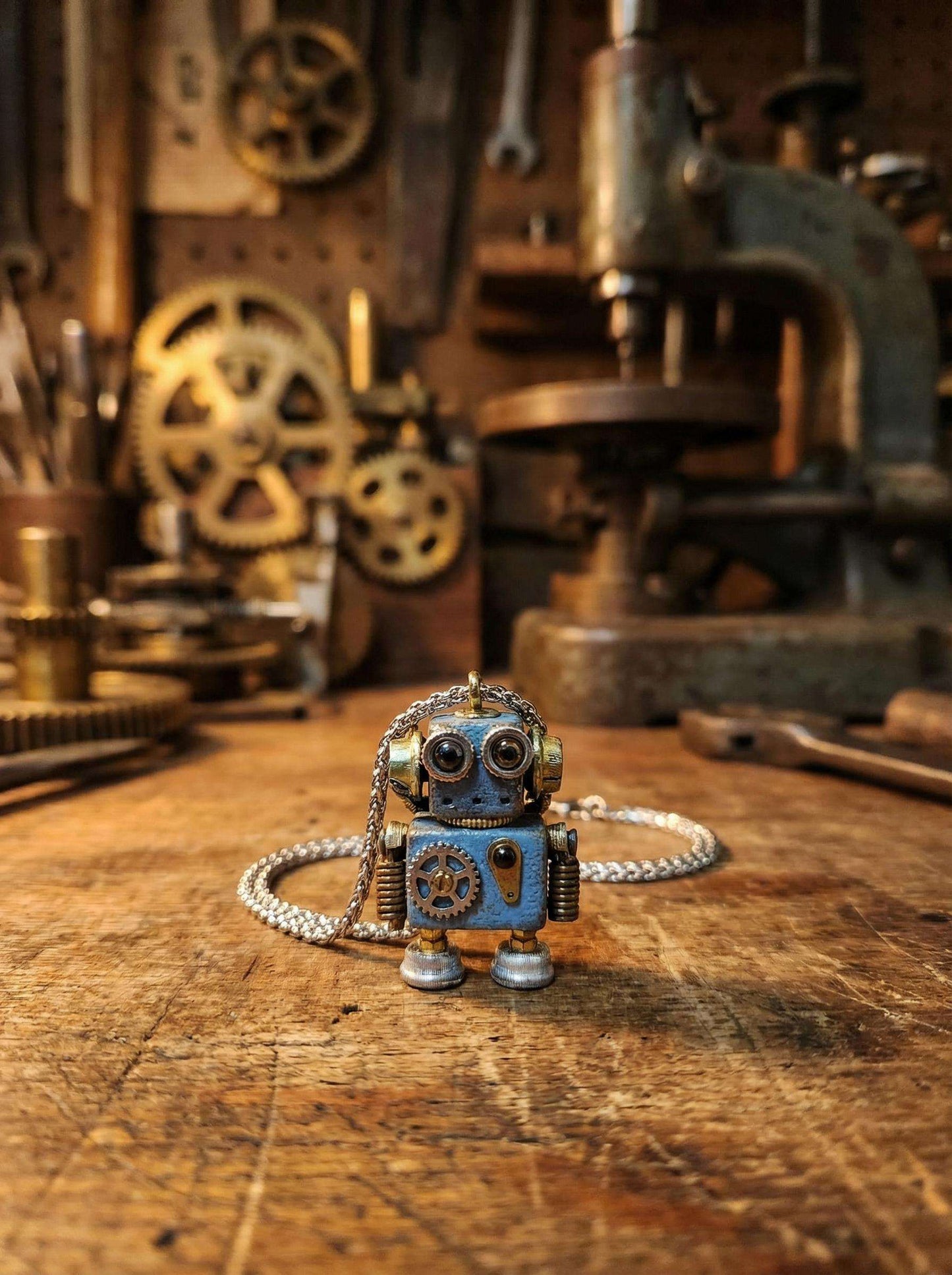 Handmade Steampunk Robot Necklace – Wood &amp; Metal Industrial Pendant