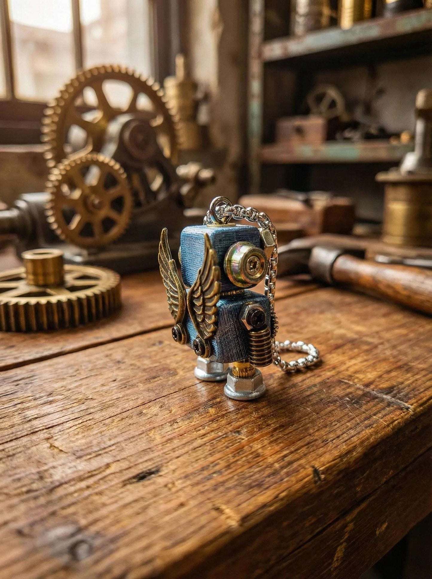 Handmade Steampunk Robot Necklace – Wood &amp; Metal Industrial Pendant