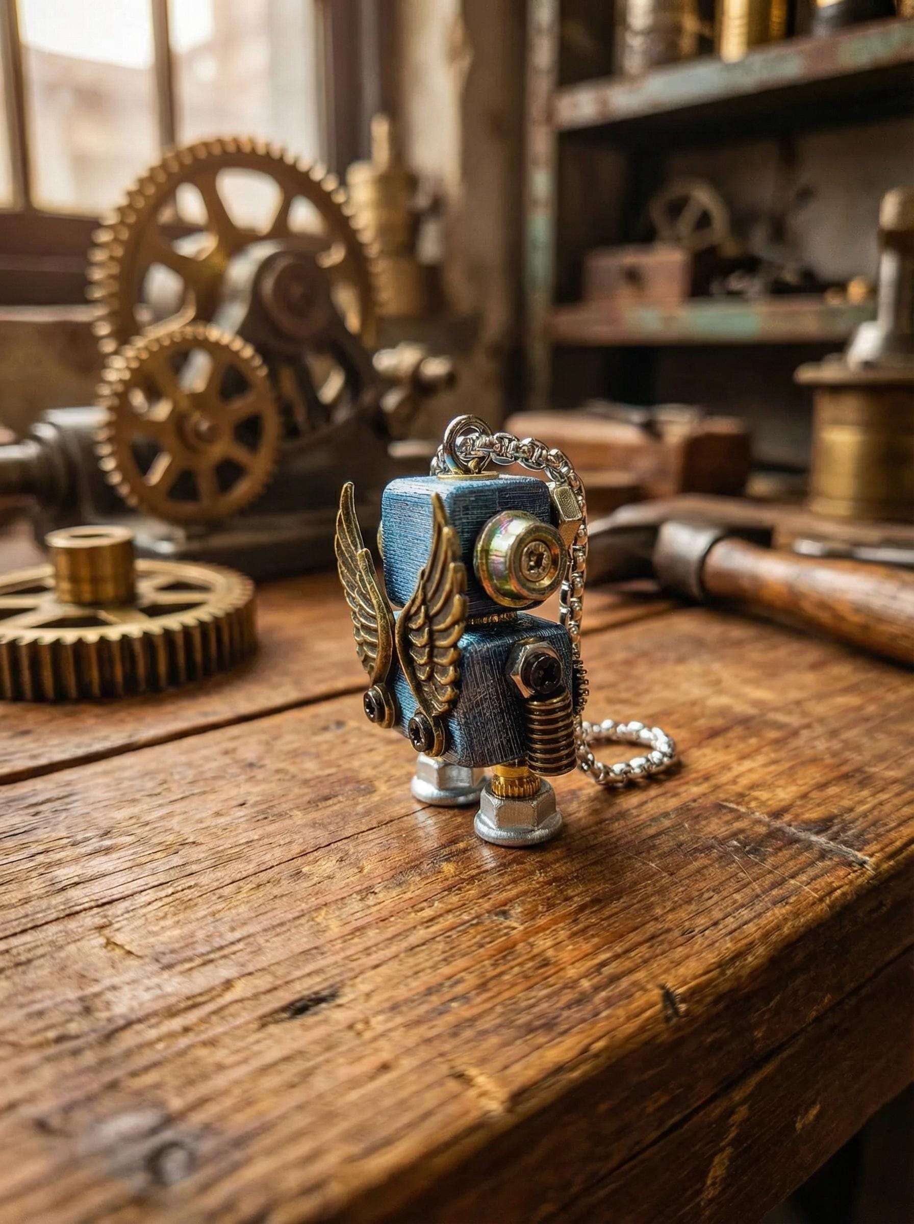 Handmade Steampunk Robot Necklace – Wood &amp; Metal Industrial Pendant