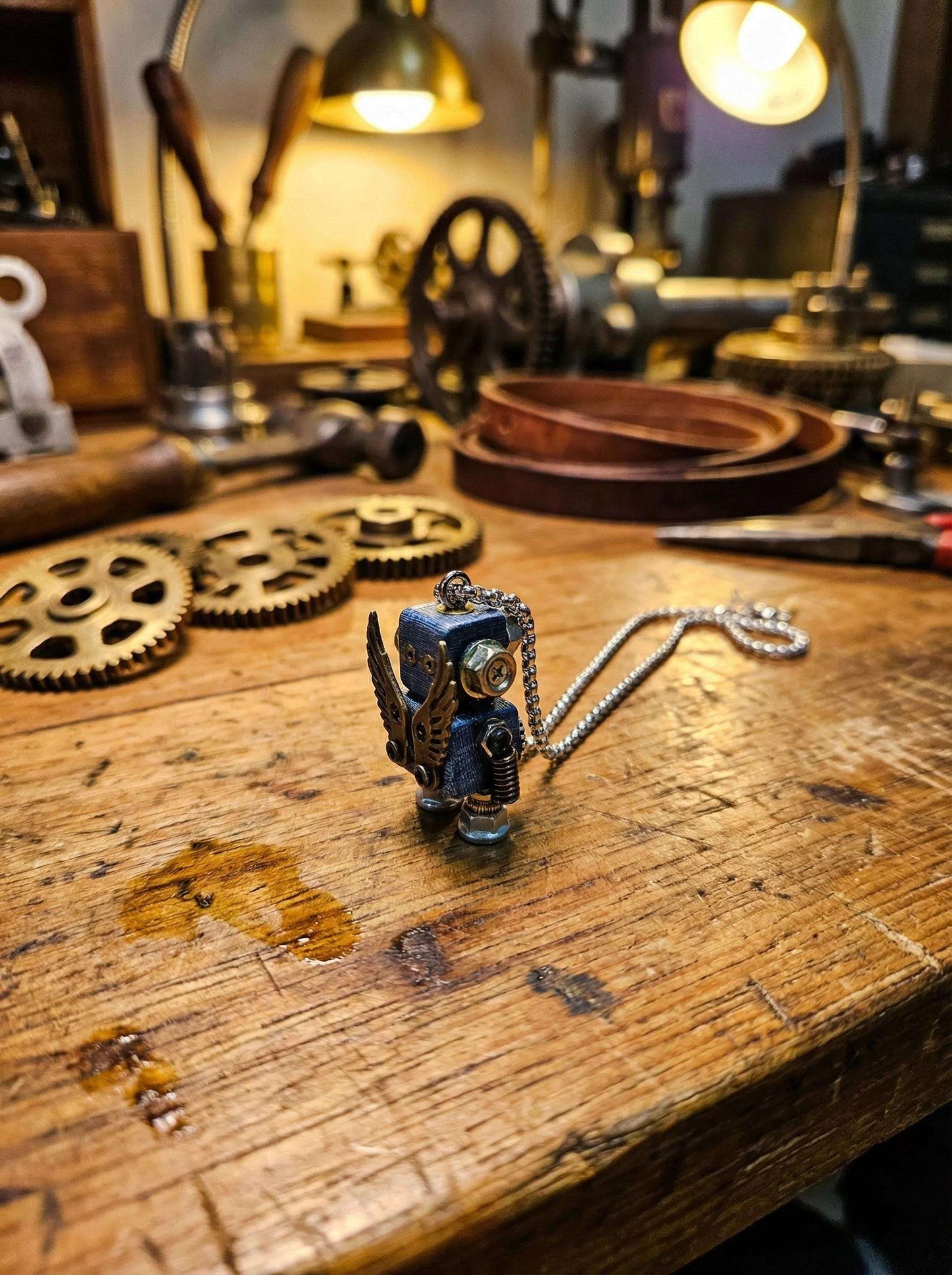 Handmade Steampunk Robot Necklace – Wood &amp; Metal Industrial Pendant
