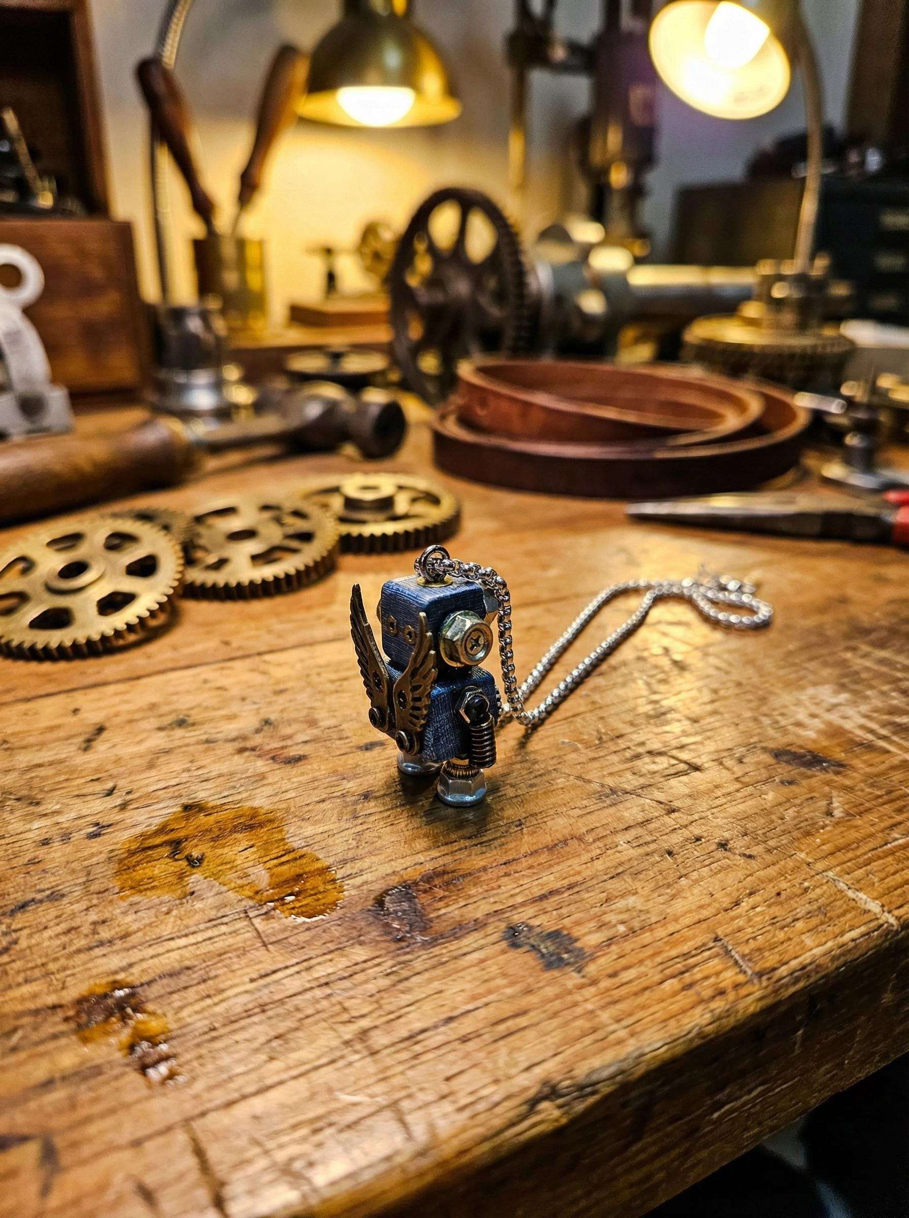 Handmade Steampunk Robot Necklace – Wood &amp; Metal Industrial Pendant