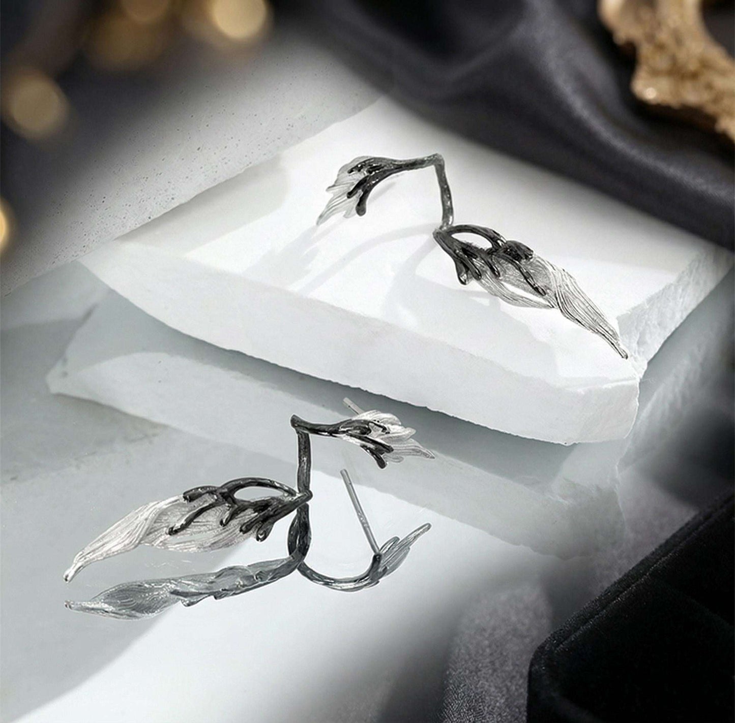 Sterling Silver Feather Earrings, Black Enamel, Gothic Dangle