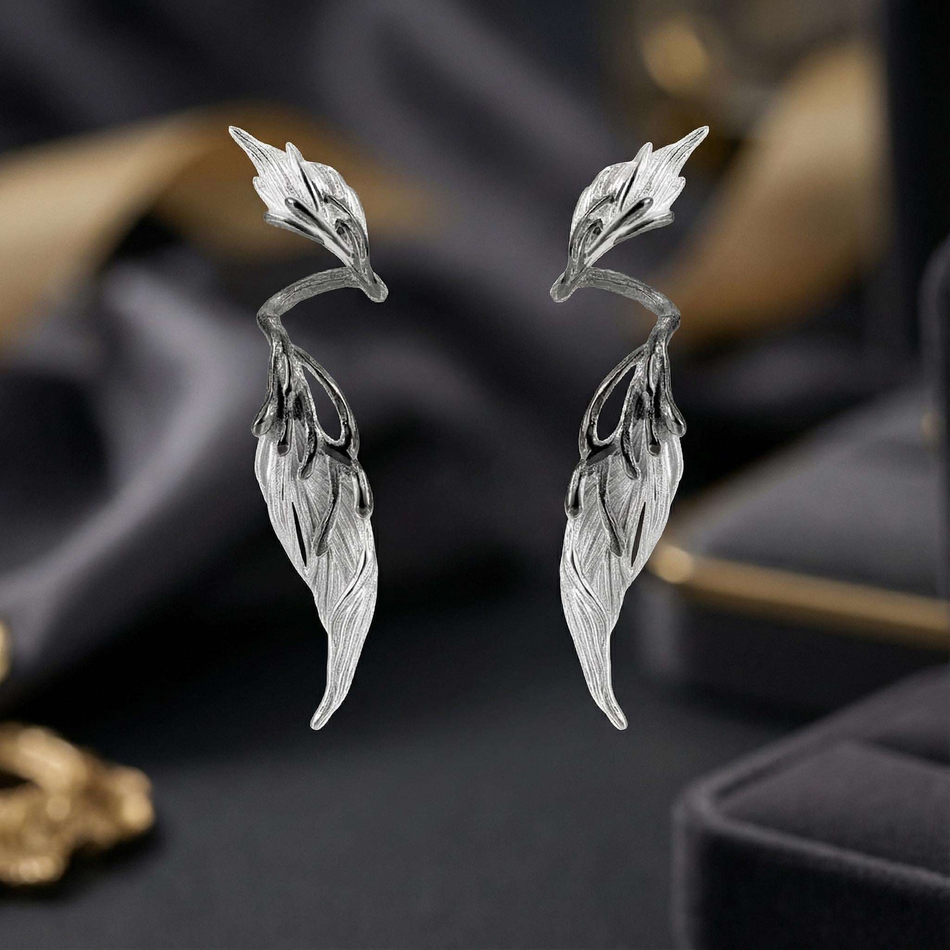 Sterling Silver Feather Earrings, Black Enamel, Gothic Dangle