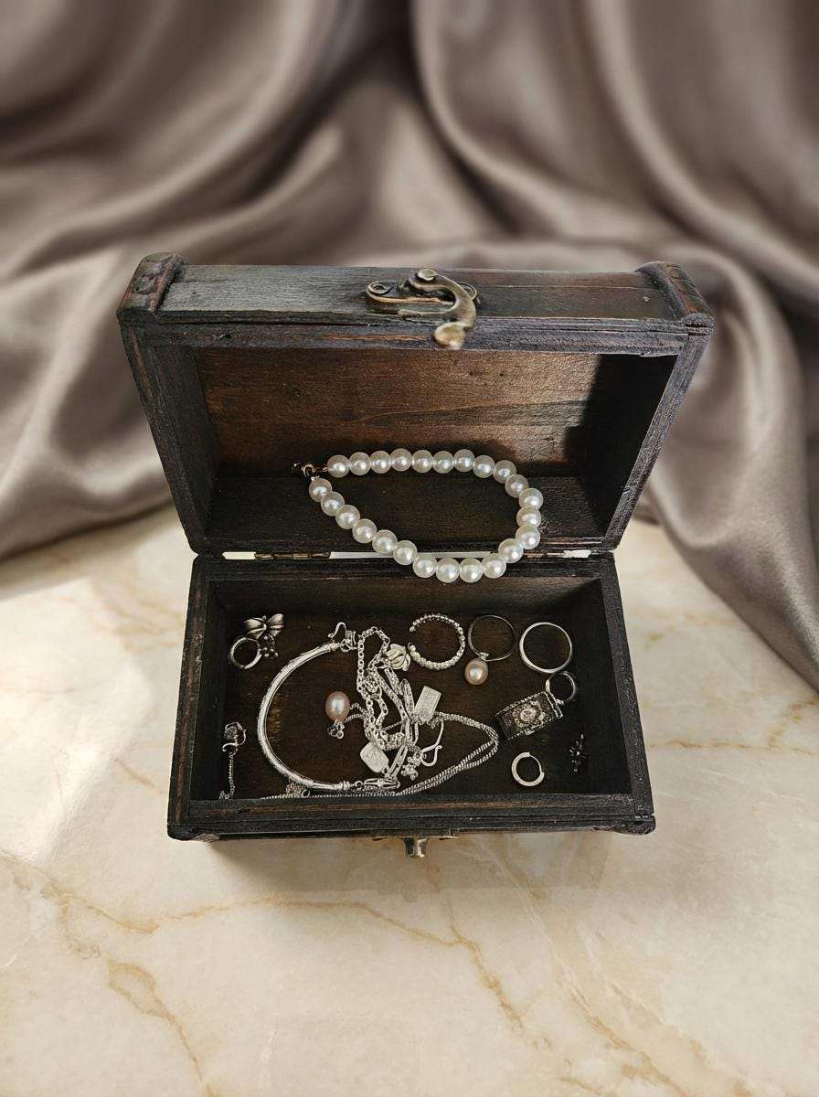 Vintage Wooden Treasure Chest Jewelry Box | Antique Keepsake Storage with Brass Hardware