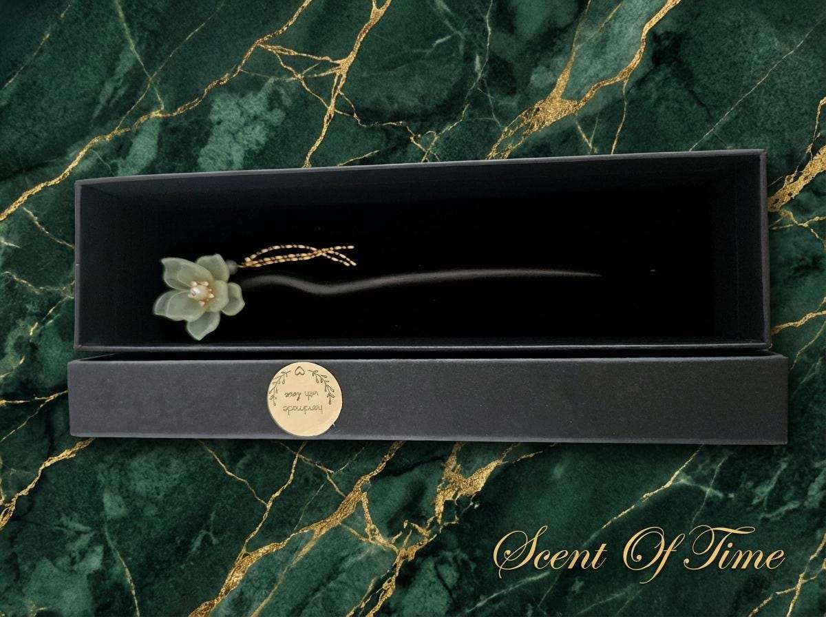 Ebony Wood Hair Pin with Jade Flower &amp; Gold Tassel - Hanfu Style - Gift for her