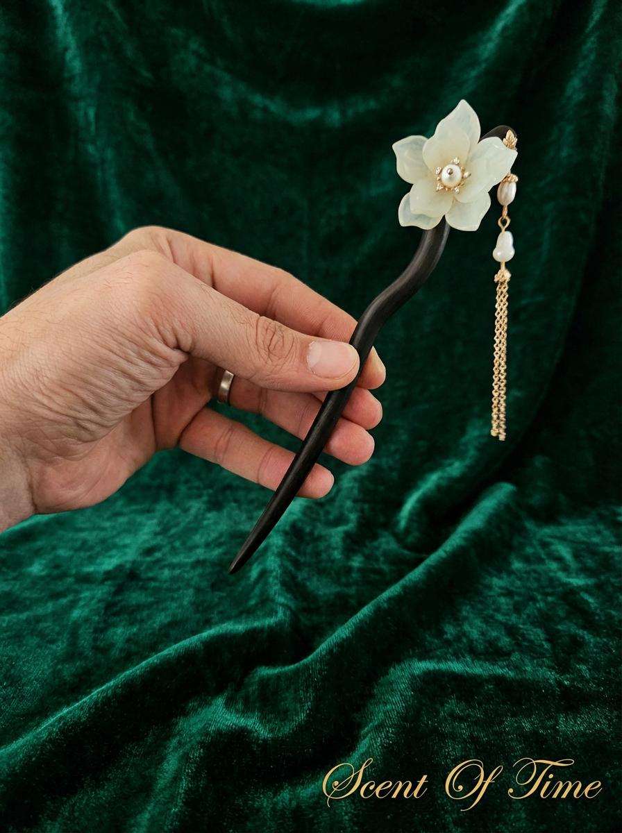 Ebony Wood Hair Pin with Jade Flower &amp; Gold Tassel - Hanfu Style - Gift for her