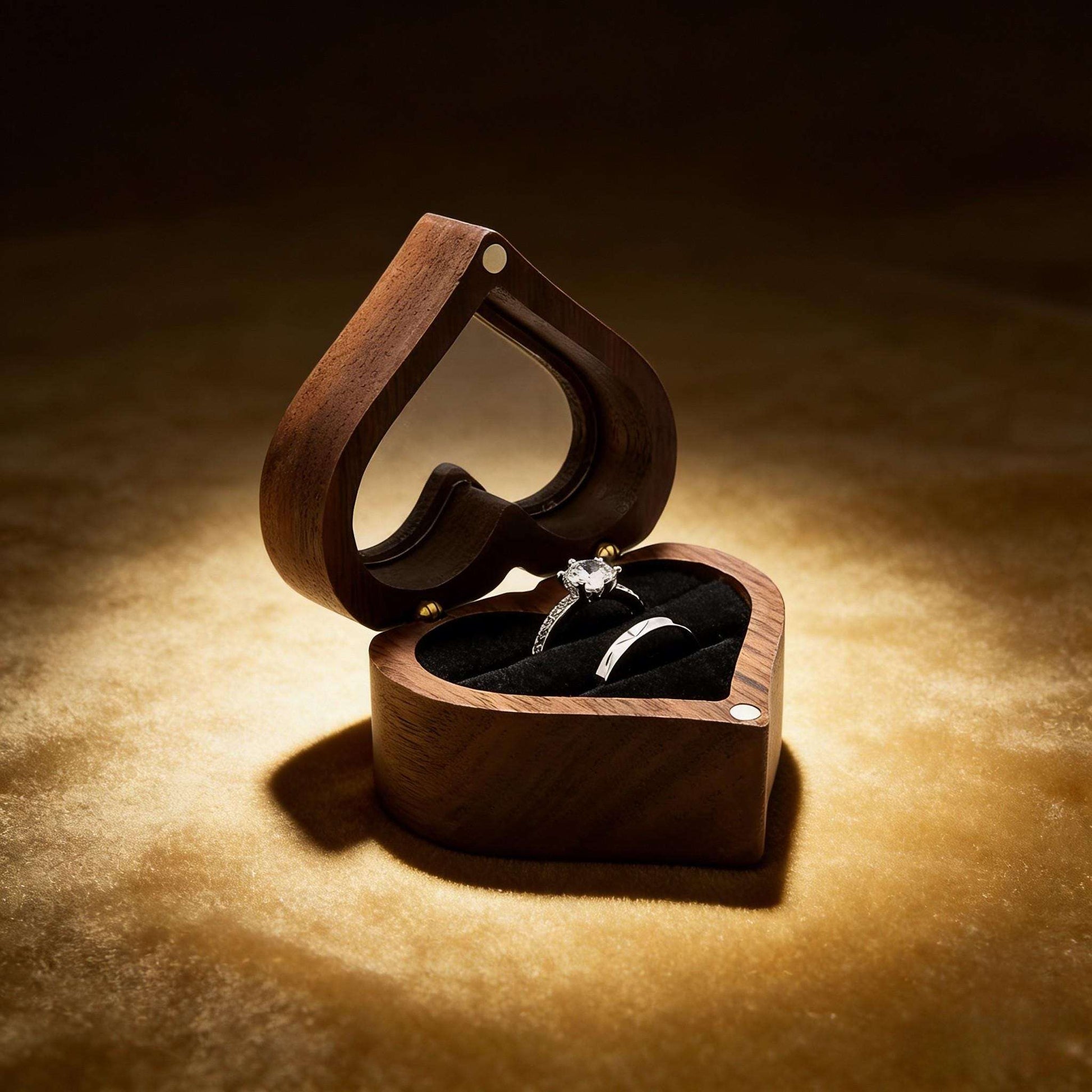 Handmade Walnut Wood Heart Ring Box, Engagement, Wedding