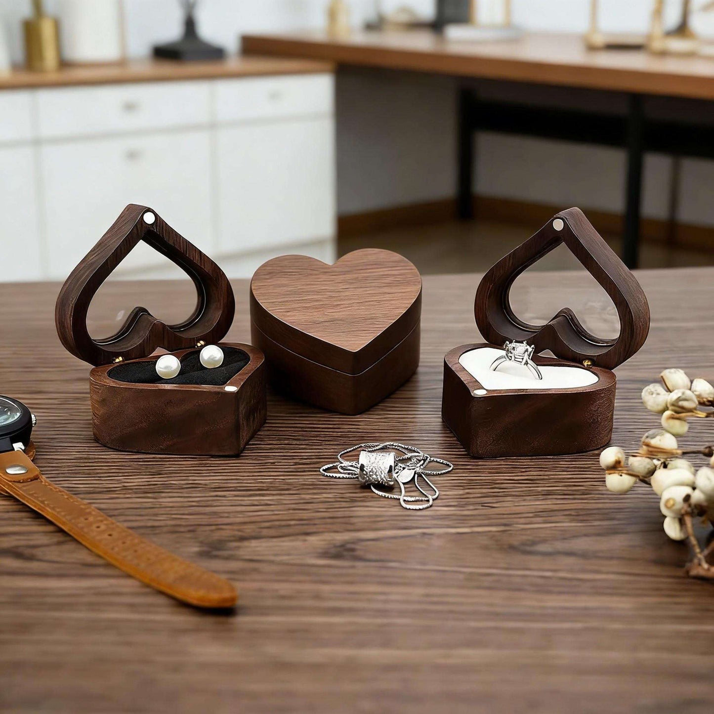 Handmade Walnut Wood Heart Ring Box, Engagement, Wedding