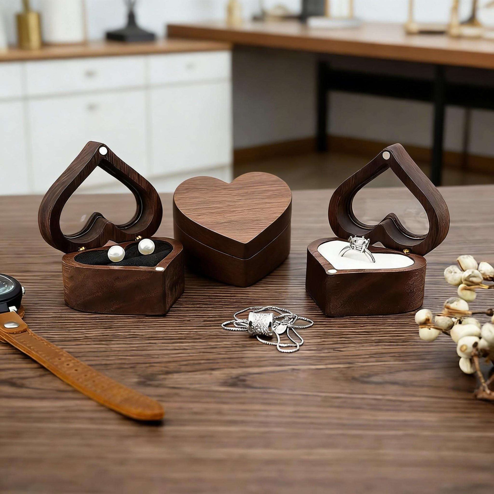 Handmade Walnut Wood Heart Ring Box, Engagement, Wedding