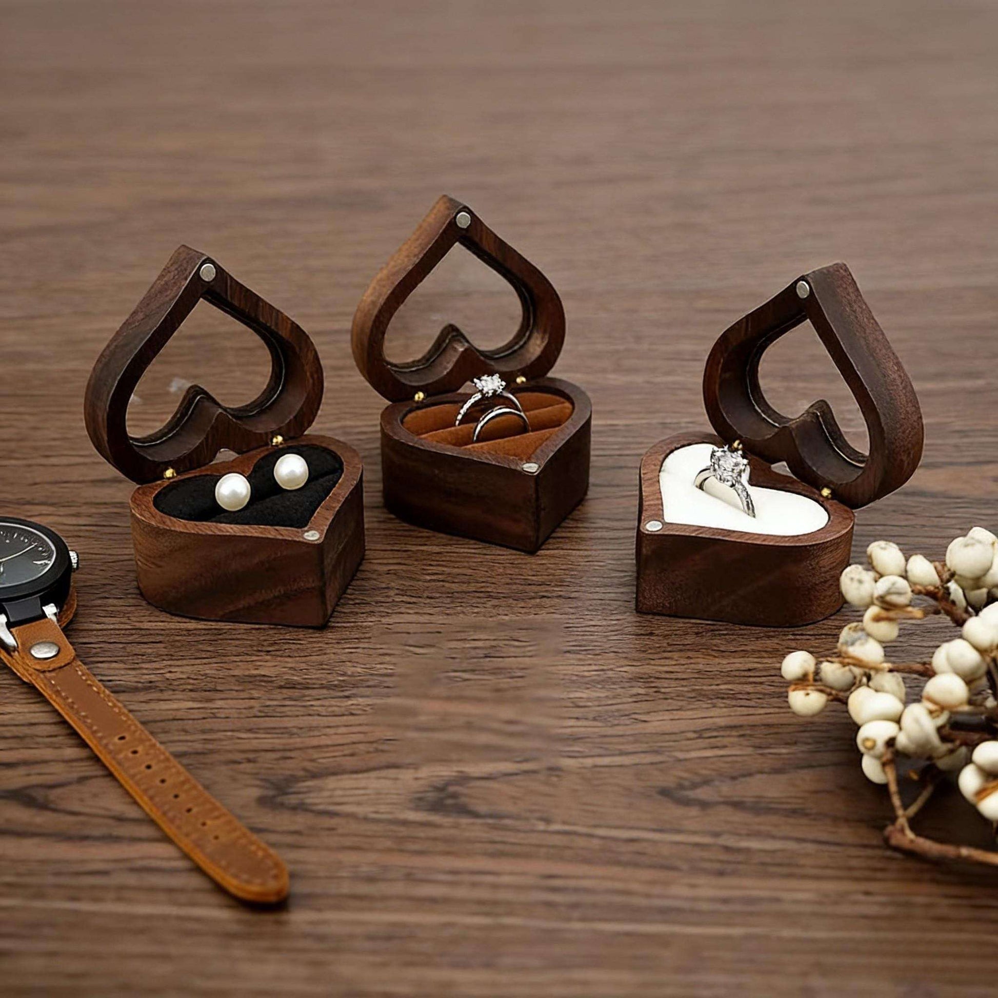 Handmade Walnut Wood Heart Ring Box, Engagement, Wedding