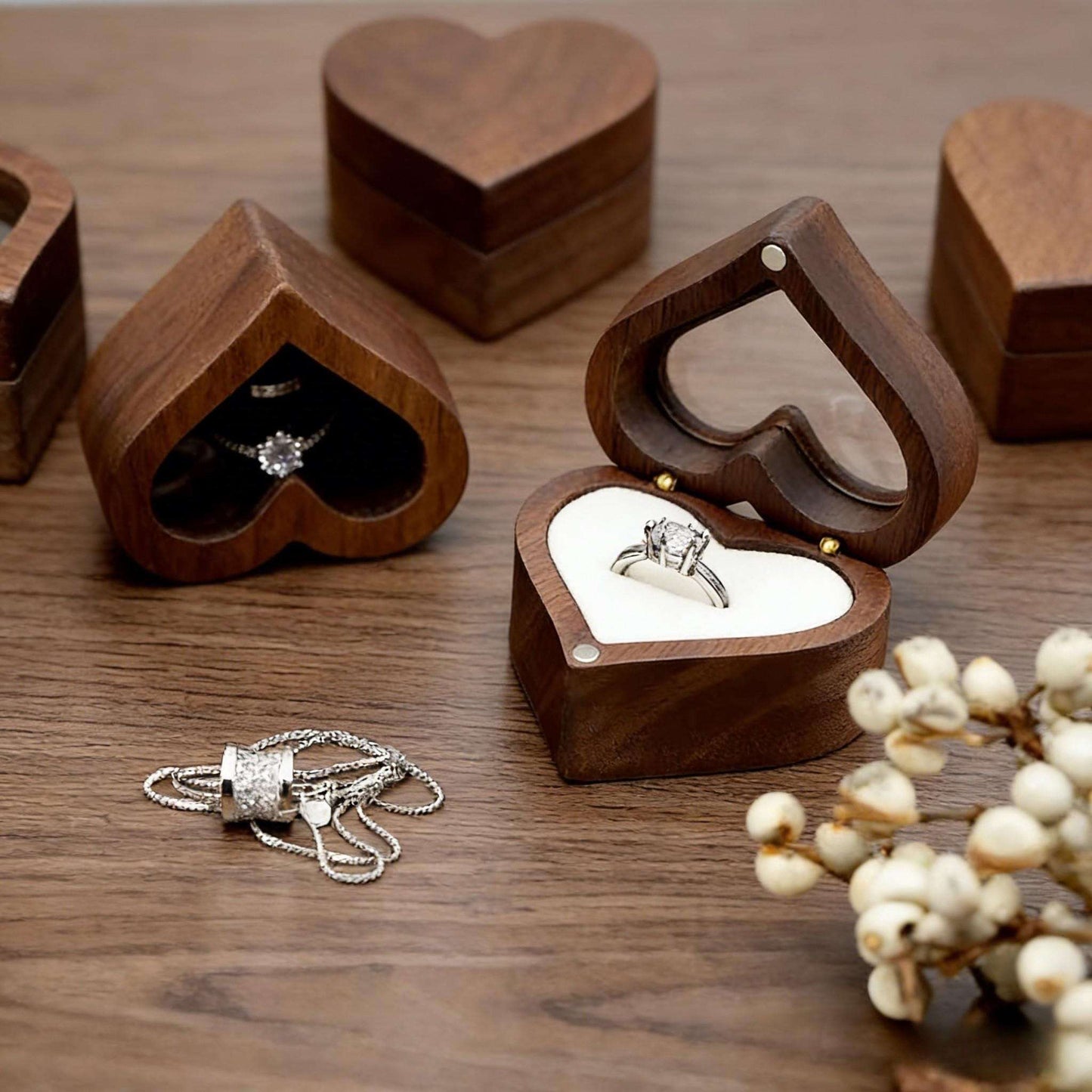Handmade Walnut Wood Heart Ring Box, Engagement, Wedding