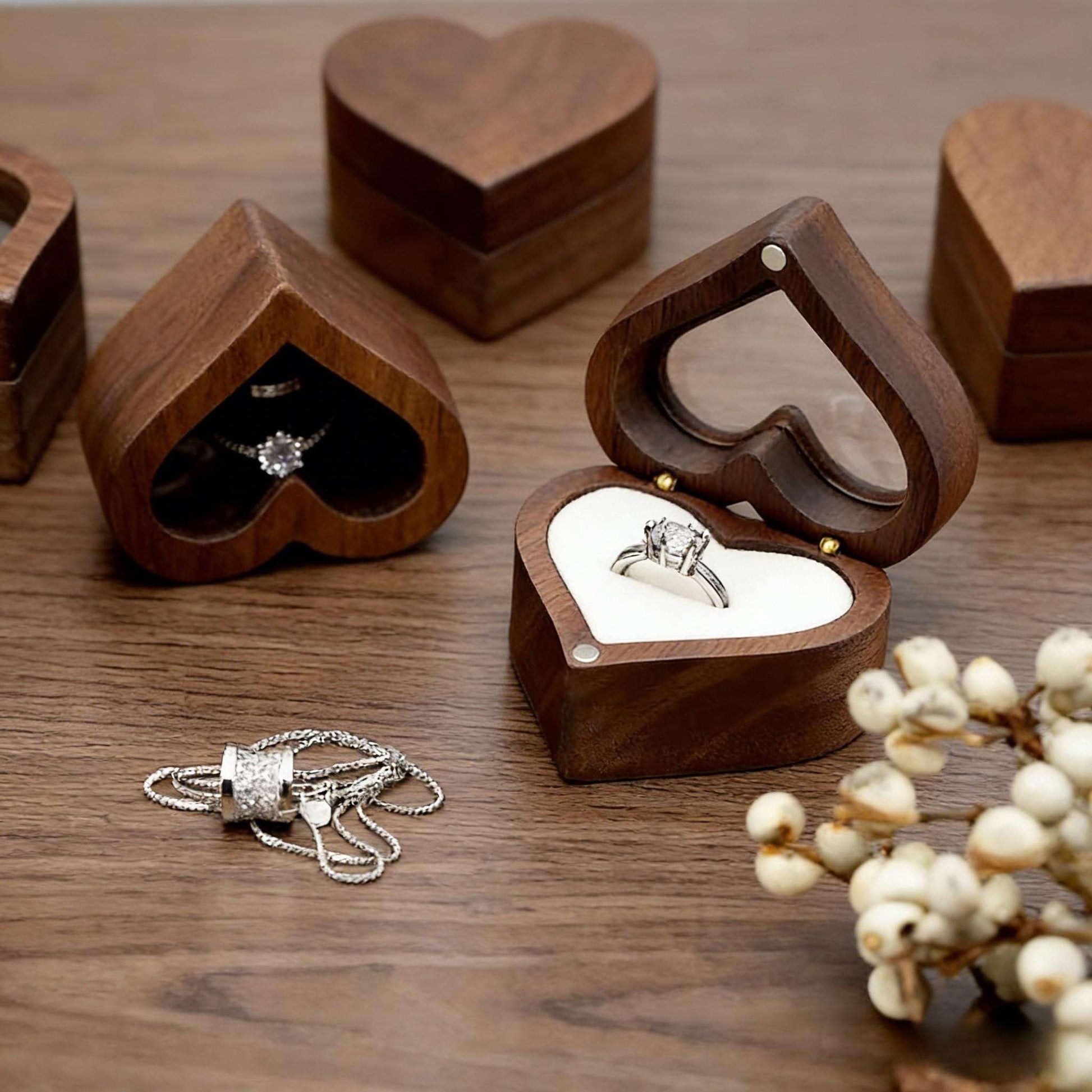 Handmade Walnut Wood Heart Ring Box, Engagement, Wedding